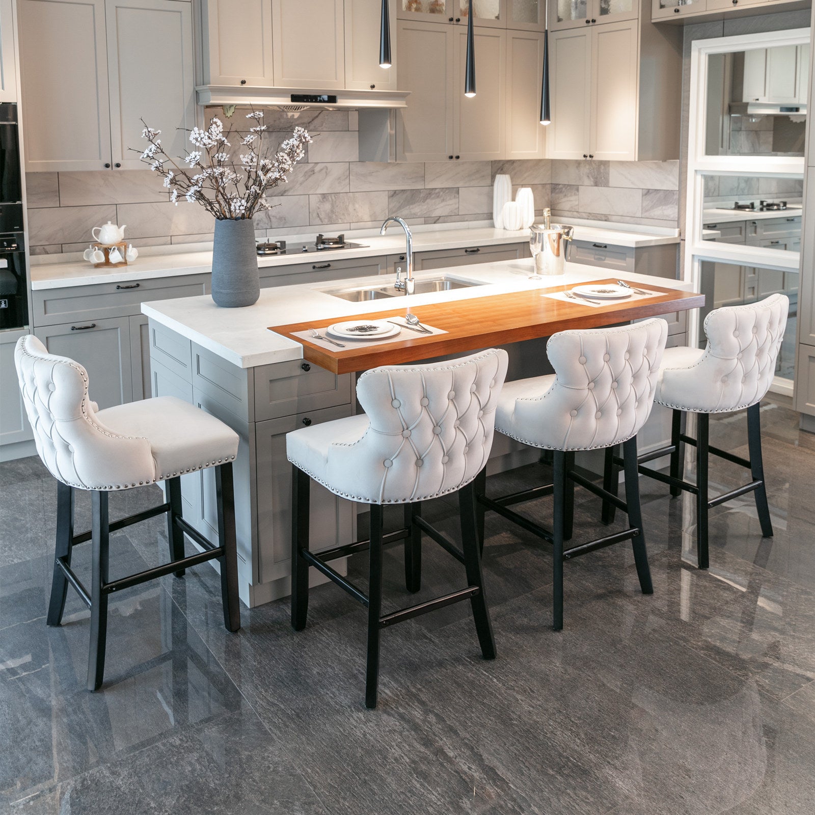 Contemporary Velvet Upholstered Wingback Bar Stools - Set of 4 Beige Bar Chairs with Button Tufted Design, Wooden Legs & Chrome Nailhead Trim | Perfect for Kitchen Islands, Home Bars & Modern Dining Areas