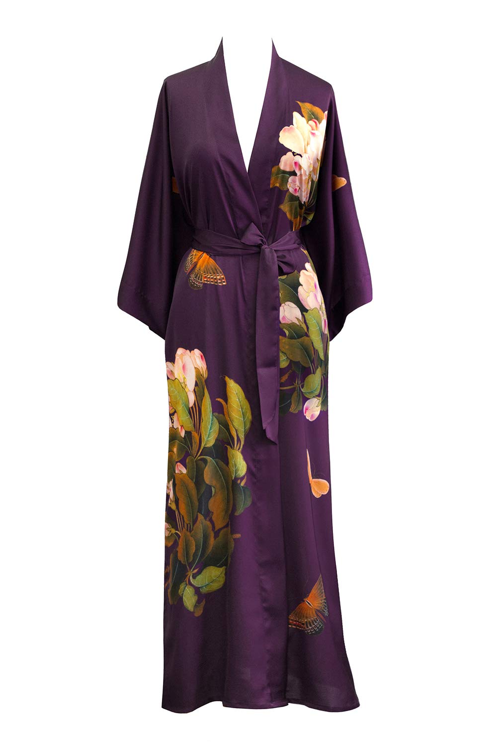 OLDSHANGHAI Women's Charmeuse Kimono Robe - Long Floral Watercolor Silk Robe for Women & Men | Elegant Loungewear, Spa Robe, Bridal Gift, and Home Wear