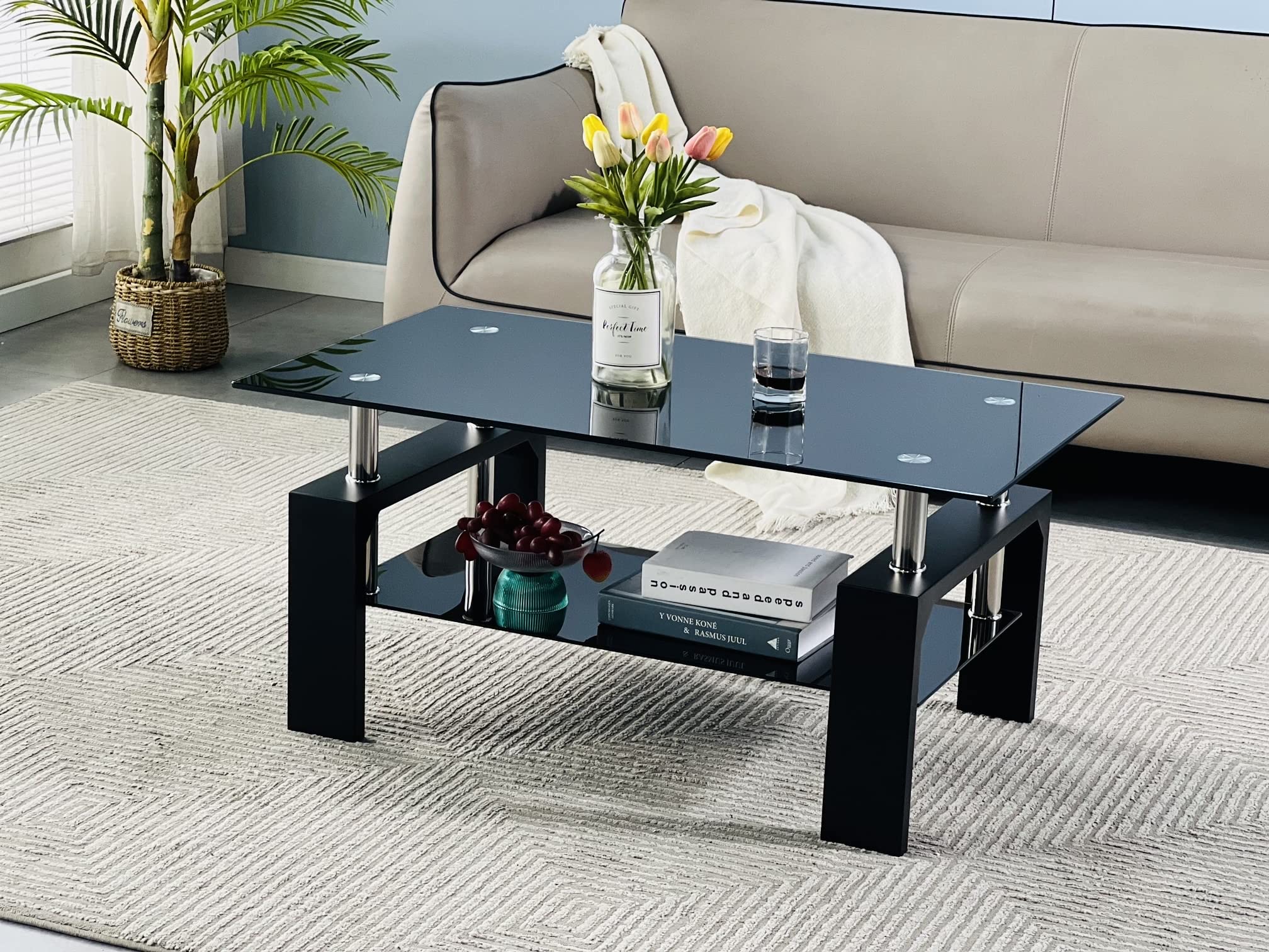 Modern Black Rectangle Coffee Table with Wooden Legs & Glass Top - Living Room, Waiting Room & Office Side Table with Lower Shelf - Perfect for Entertaining, Reading & Displaying Decor