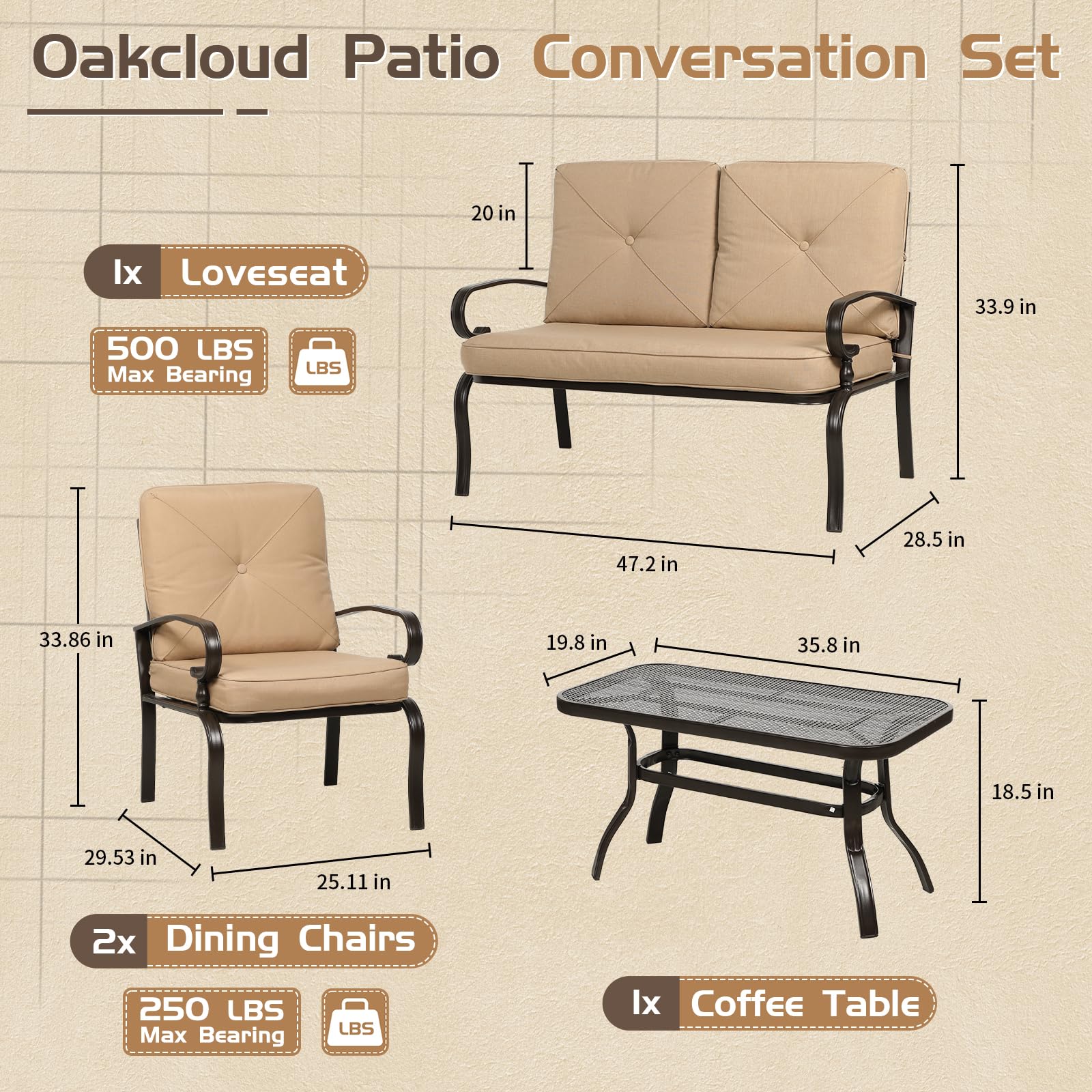 4-Piece Outdoor Metal Patio Furniture Set - Wrought Iron Loveseat, 2 Chairs & Coffee Table with Cushions - Brown Garden Conversation Set for Lawn, Porch, Backyard & Poolside Relaxation