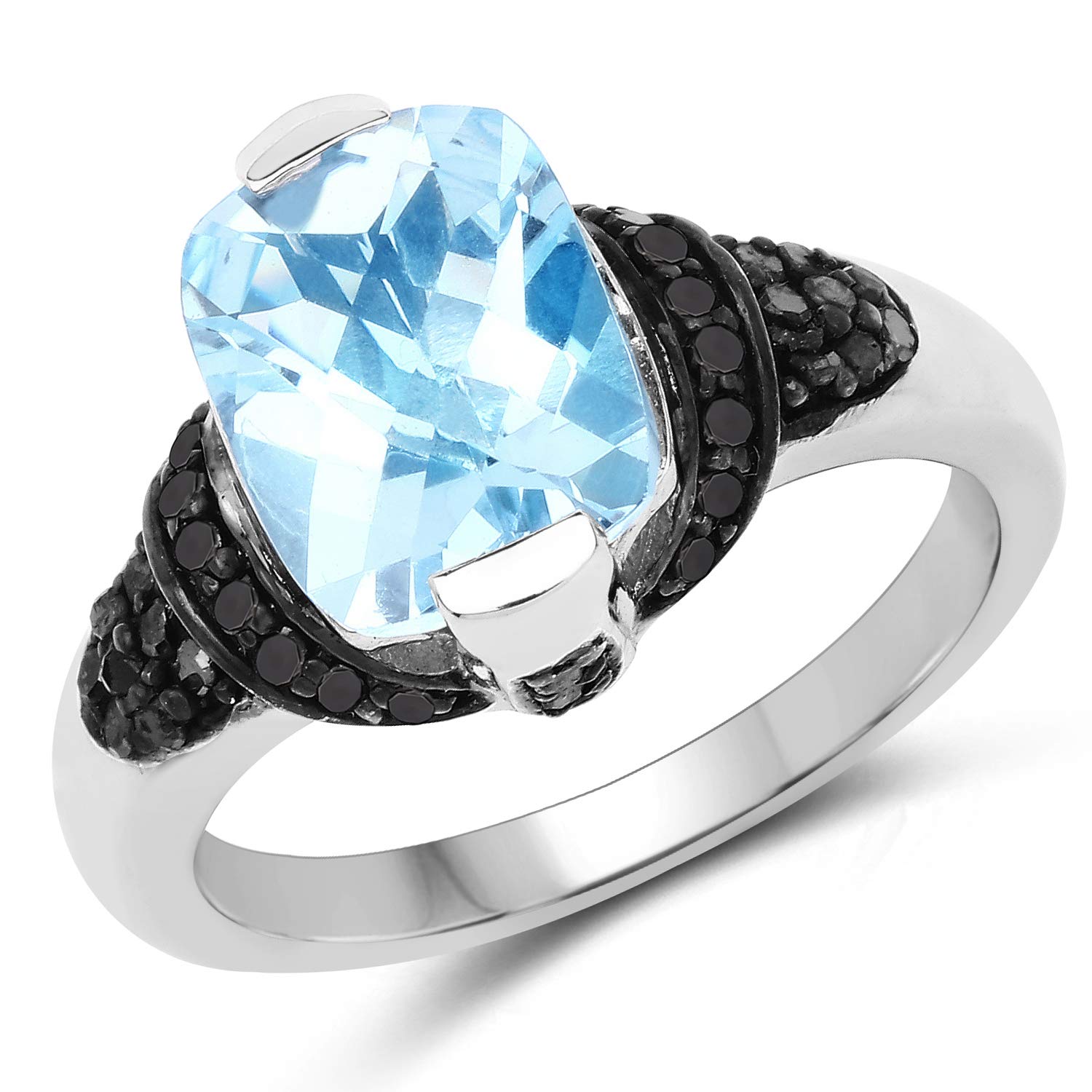 Genuine Swiss Blue Topaz Black Diamond and Diamond Sterling Silver Ring - Size 6.00 | Elegant Women's Jewelry for Engagement, Anniversary & Special Occasions