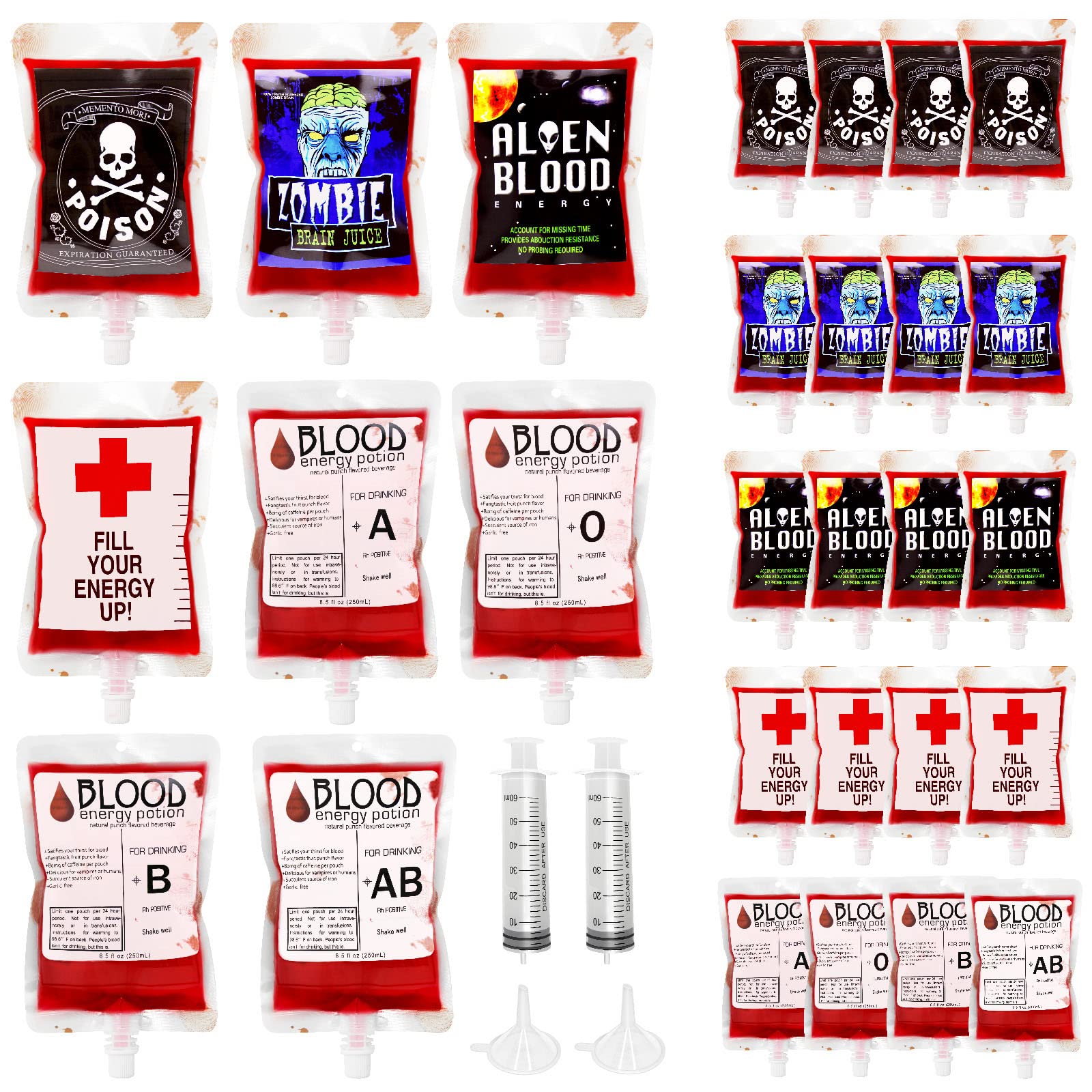 24 Pack Halloween Blood Bags Party Supplies - Hifunwu Fake Blood IV Bags for Halloween Decorations, Haunted House Props, and Horror Movie Costume Accessories