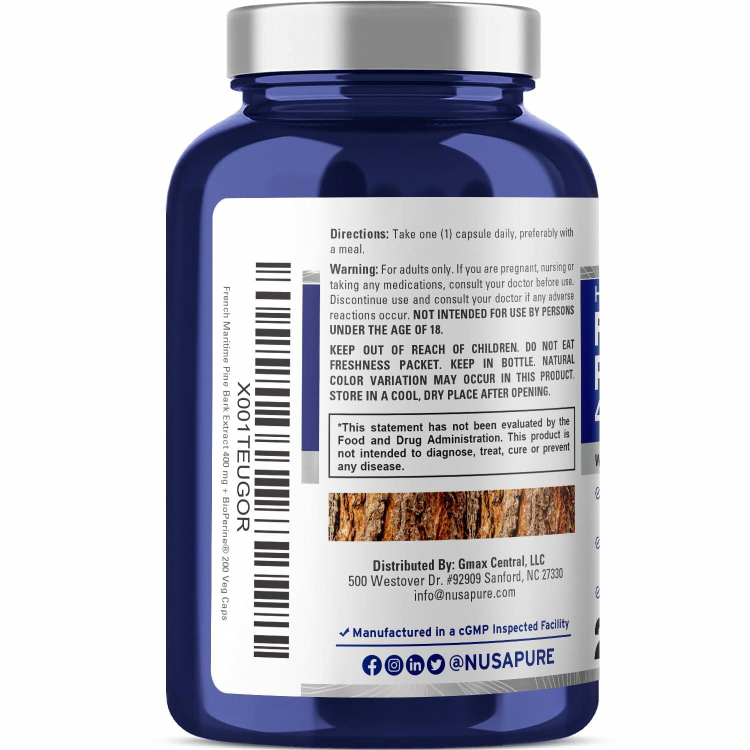 NusaPure French Maritime Pine Bark Extract 400mg per Capsule - 200 Vegetarian Capsules for Antioxidant Support & Heart Health | Dietary Supplement for Immune Boost & Anti-Aging