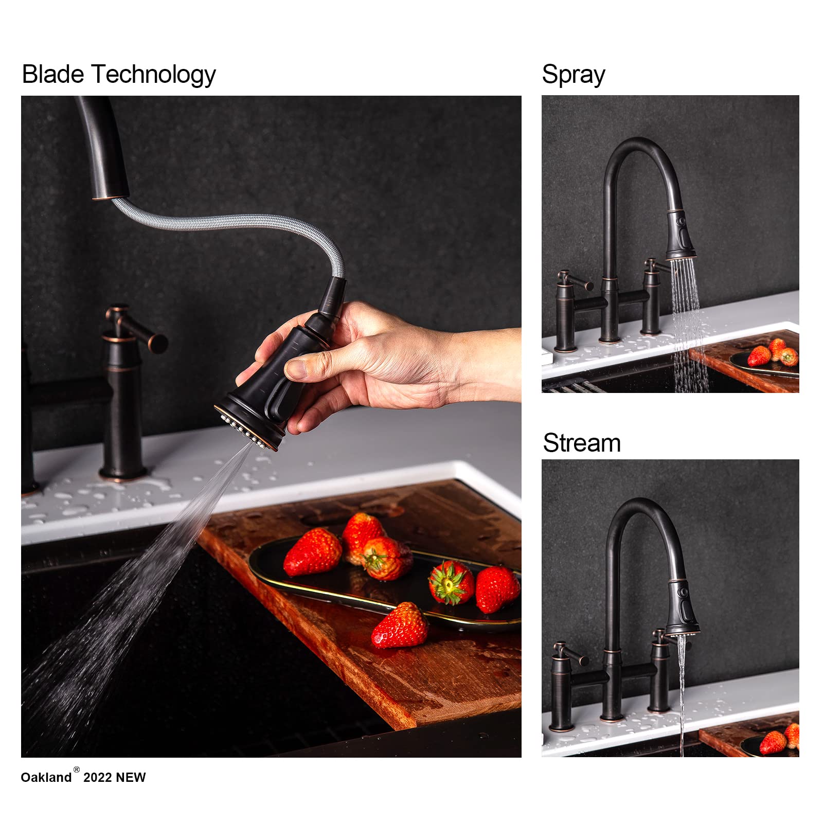 Oil Rubbed Bronze Bridge Kitchen Faucet with Pull Down Sprayer - Oakland Brass 2 Handle 3 Hole Spot-Resistant Lead-Free Faucet (Model KSK8239-ORB) - Perfect for Modern Farmhouse & Industrial Style Kitchens