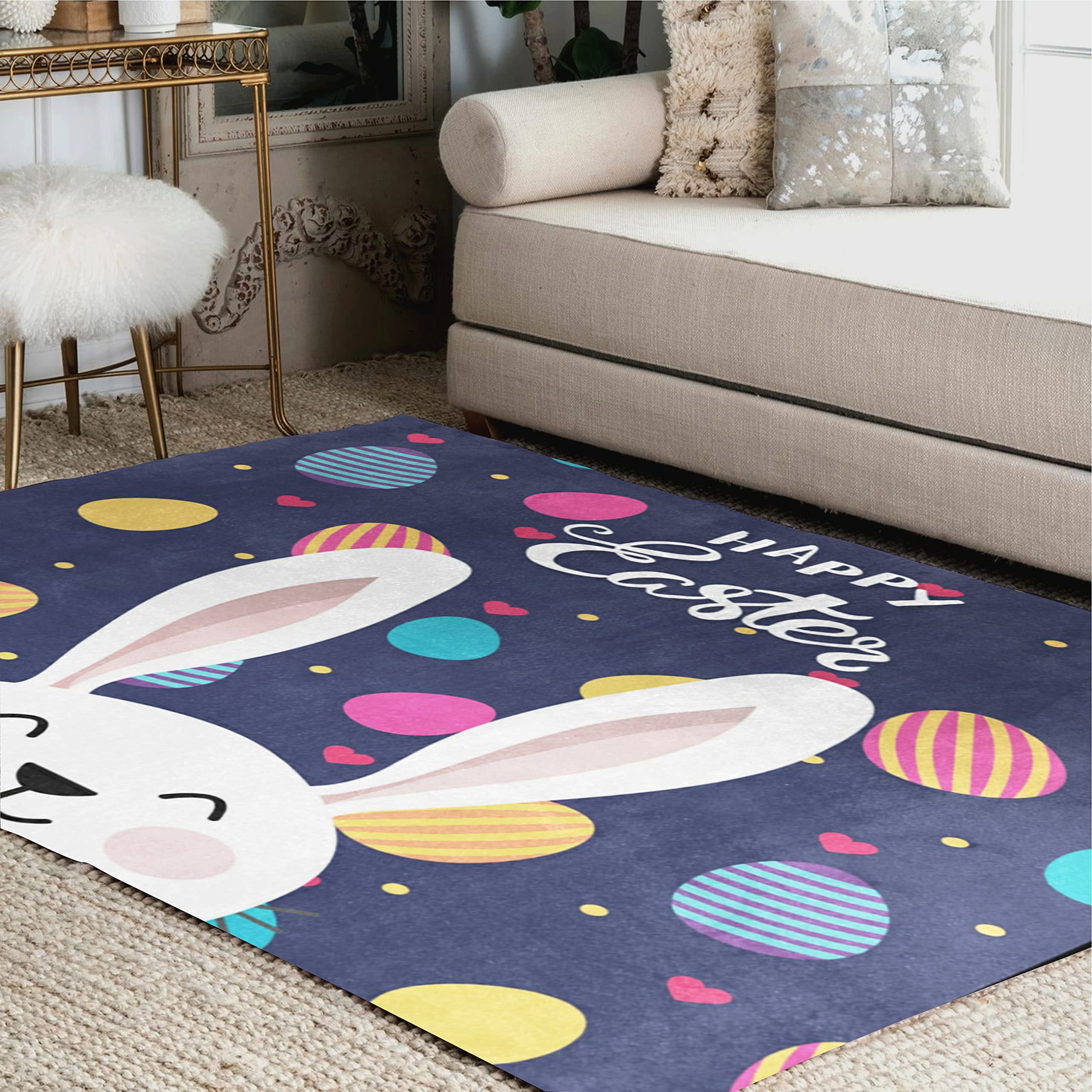 ALAZA Happy Easter Rabbit Polka Dot Egg Area Rug - 5'3 x 4' Soft Non-Slip Floor Mat for Living Room, Bedroom, Nursery - Easter Decor & Spring Home Decoration