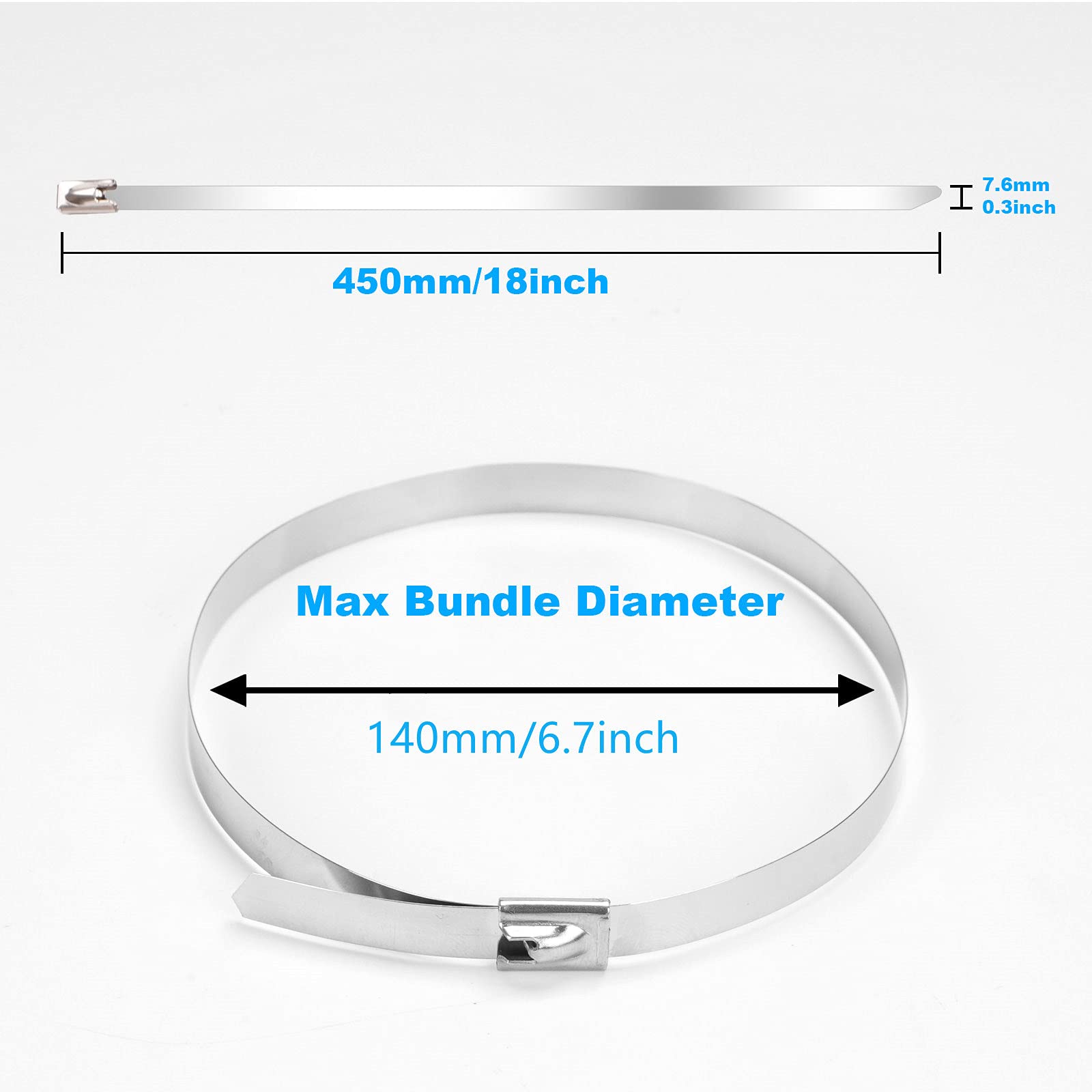 18 Inch Heavy Duty Stainless Steel Zip Ties - 390 lb Tensile Strength, Self-Locking Metal Cable Ties (40 Pack) for Exhaust Wraps, Pipe Fastening, Garden Support & Industrial Applications