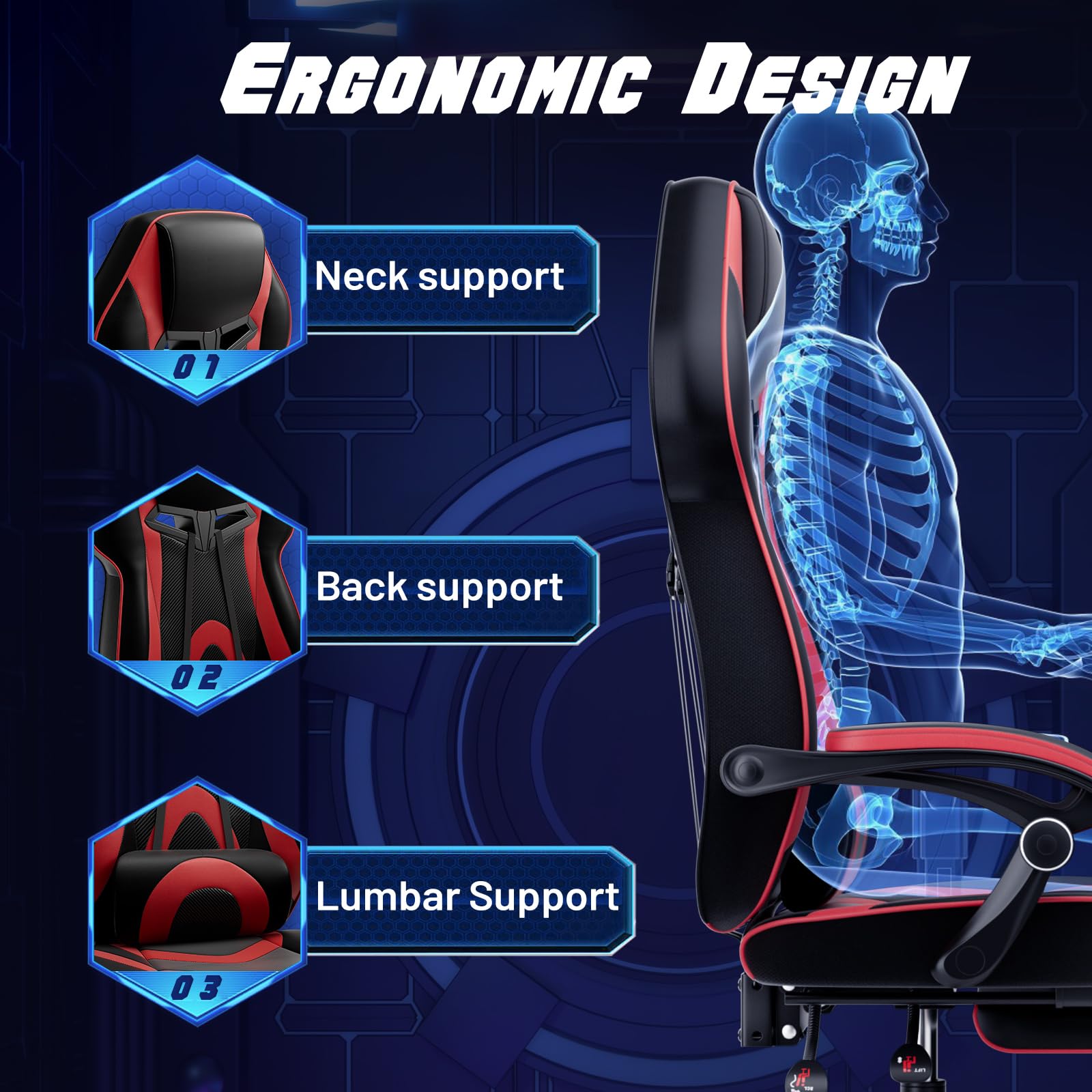 POWERSTONE Ergonomic Gaming Chair with Footrest - High Back Racing Style Office Computer Chair, Adjustable Reclining Swivel Gamer Chair for Adults & Teens (Red) - Perfect for Esports, Streaming & Home Office Workspace