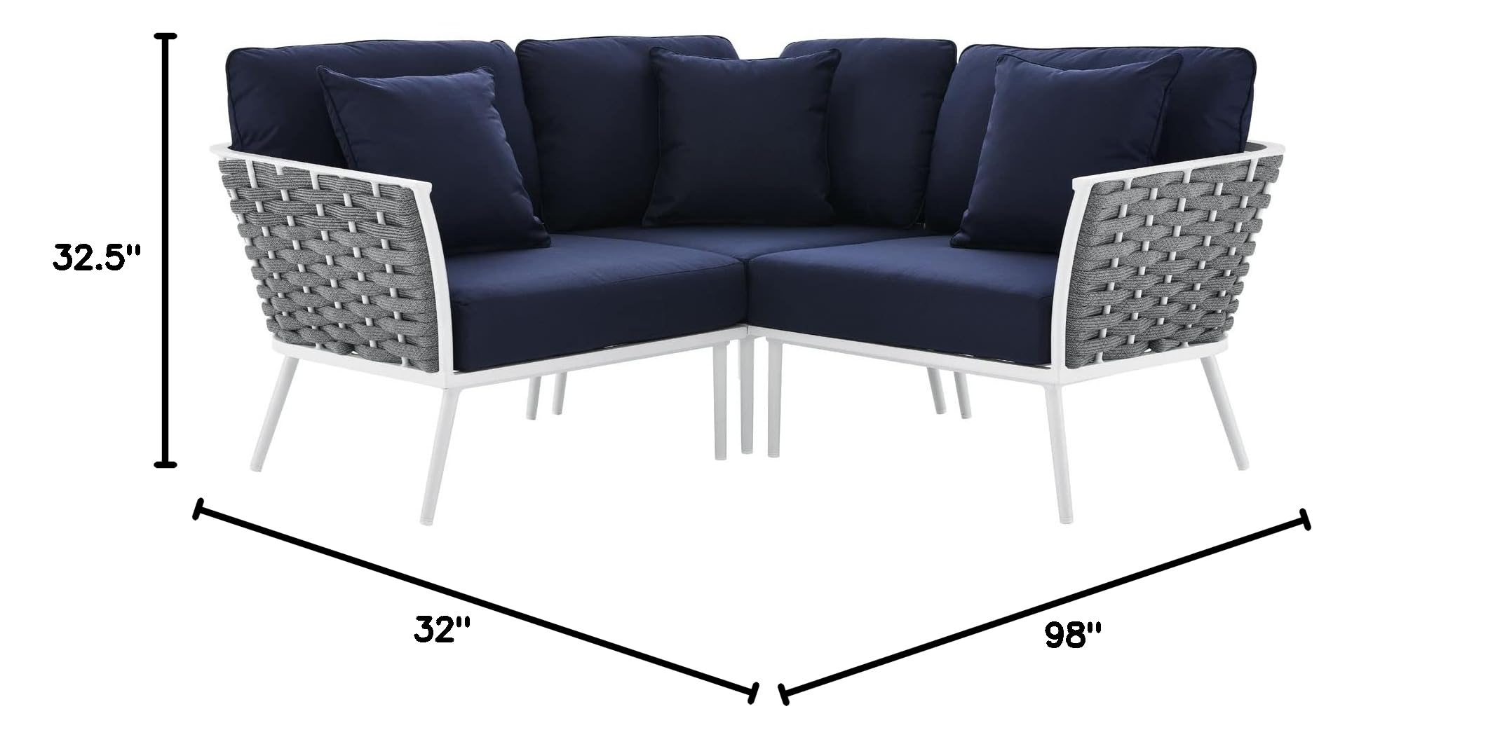 Modway Stance Outdoor Patio Woven Rope Aluminum Sectional Sofa - Small 2-Piece Set in White & Navy Blue | Perfect for Poolside, Garden, Deck & Backyard Relaxation