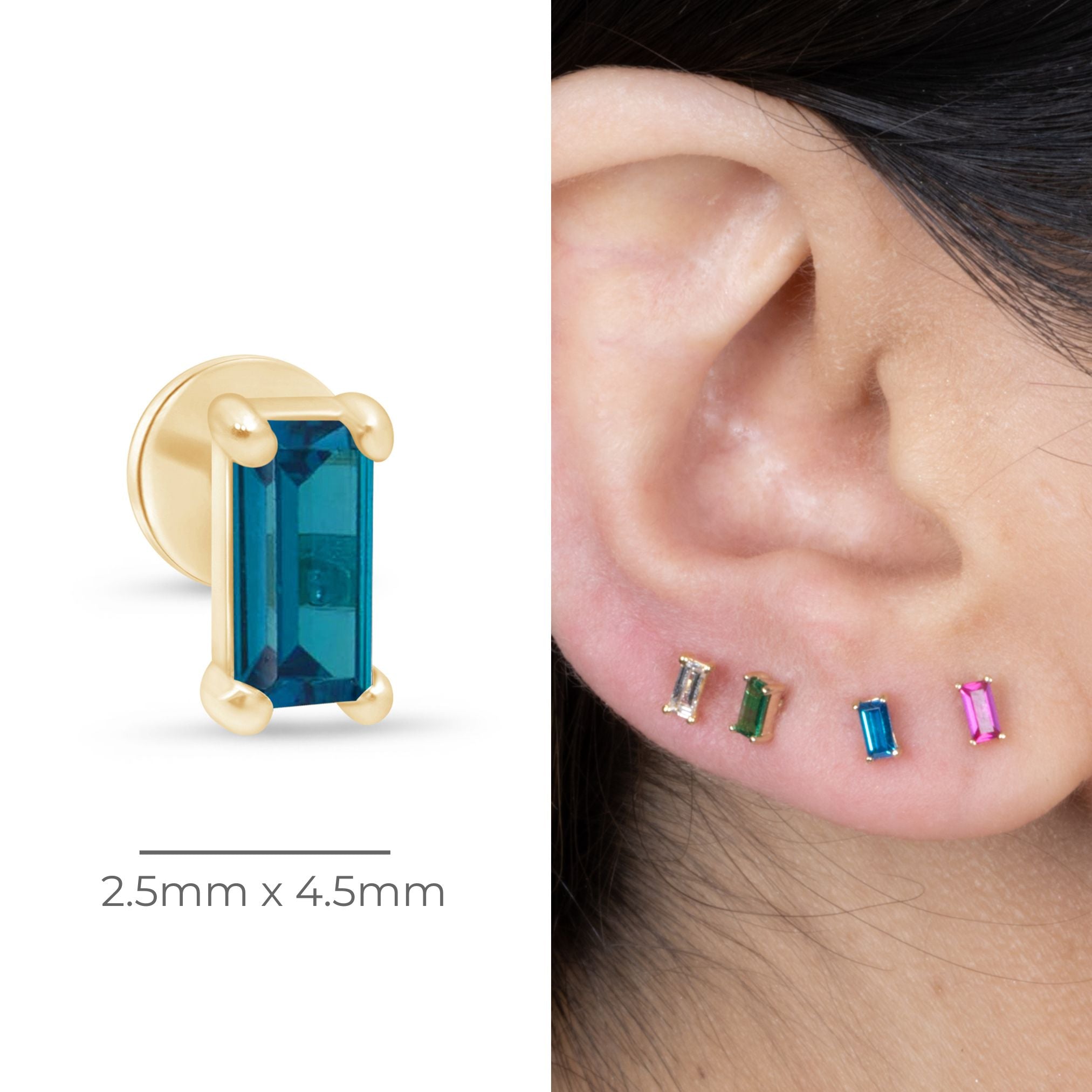 14k Yellow Gold Blue Topaz Baguette Stud Earrings - Flat Back Design for Sensitive Ears | Perfect for Daily Wear, Special Occasions & Gift Giving