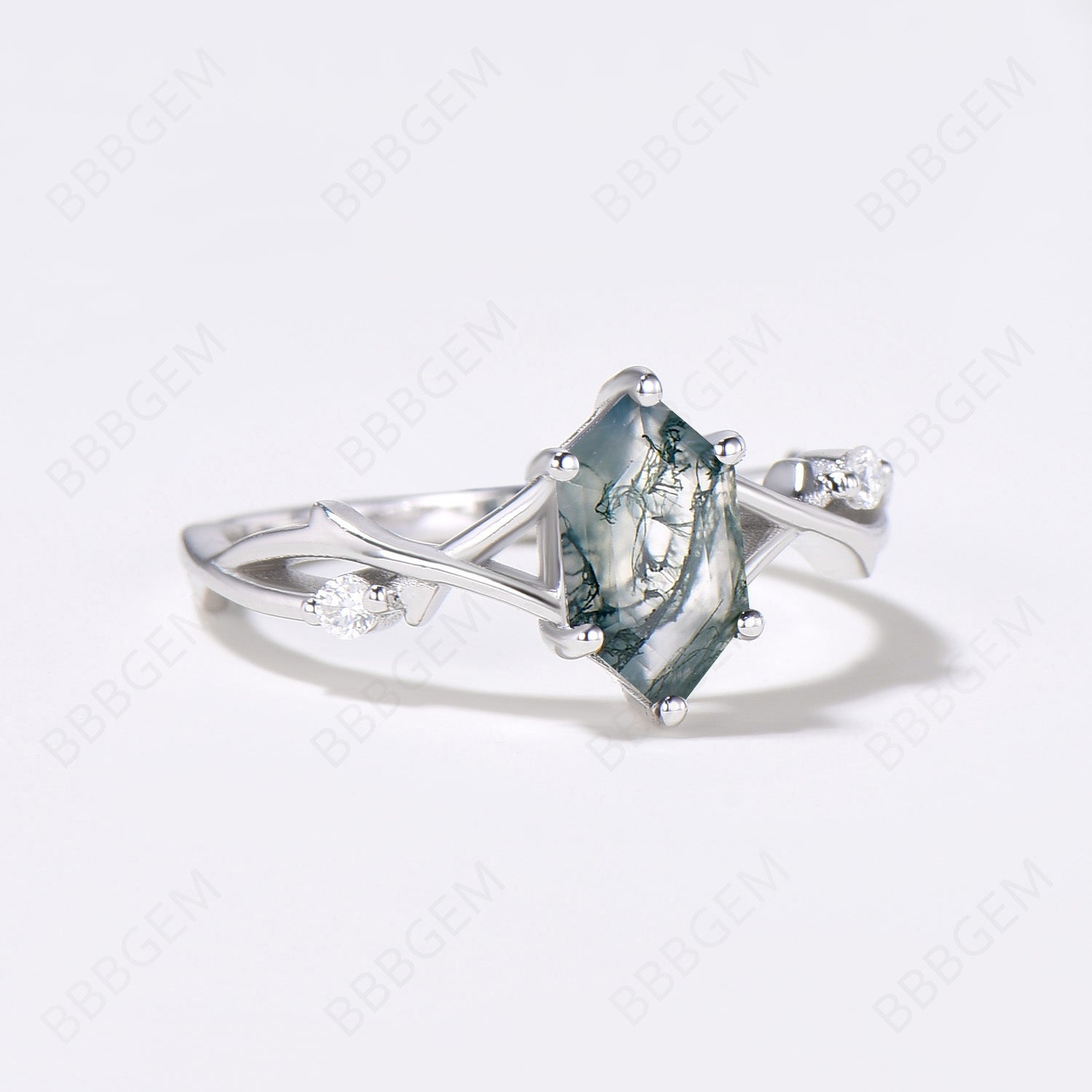 Women's Moss Agate Long Hexagon Ring - Twig Branch Green Agate Elongated Promise Ring in 925 Sterling Silver - Perfect for Engagement, Anniversary & Boho Jewelry Gifts