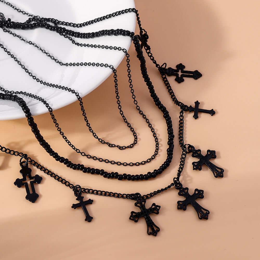 Cool Dark Cross Layering Grunge Necklace Statement | NZ4303 - Gothic Punk Jewelry for Women, Layered Necklace Set for Alternative Fashion, Perfect for Concerts, Parties and Edgy Outfits