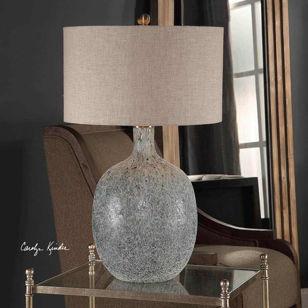 Tall Textured 1 Light Glass Table Lamp with Beige Linen Drum Shade - 3-Way Switch for Living Room, Bedroom & Office Lighting