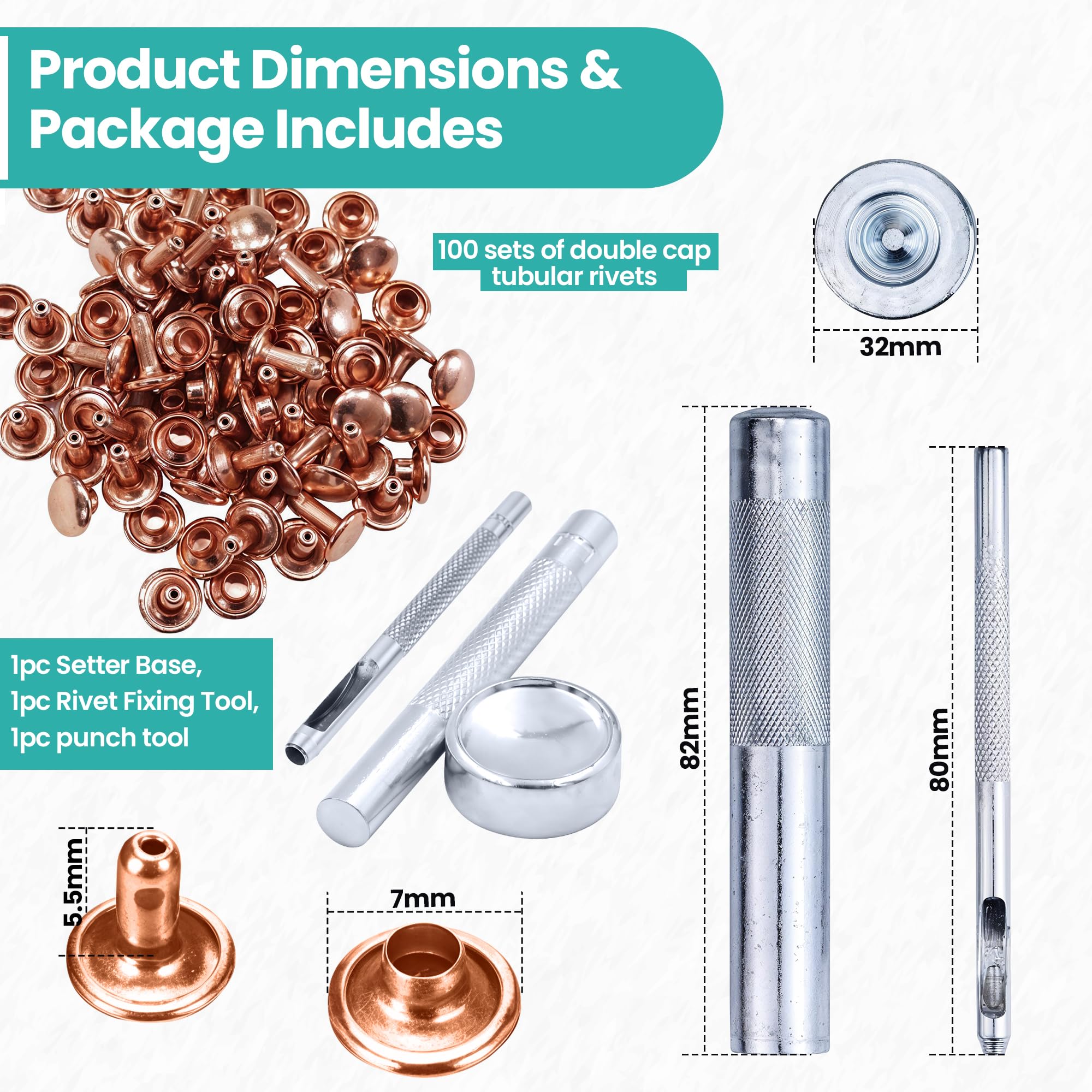 100-Piece Leather Rivet Kit with Fixing Tools - Double Cap Tubular Metal Studs for Leathercraft, Clothing & Bag Repair (Rose Gold, 7mm) - DIY Handbag, Jacket & Shoe Making Supplies