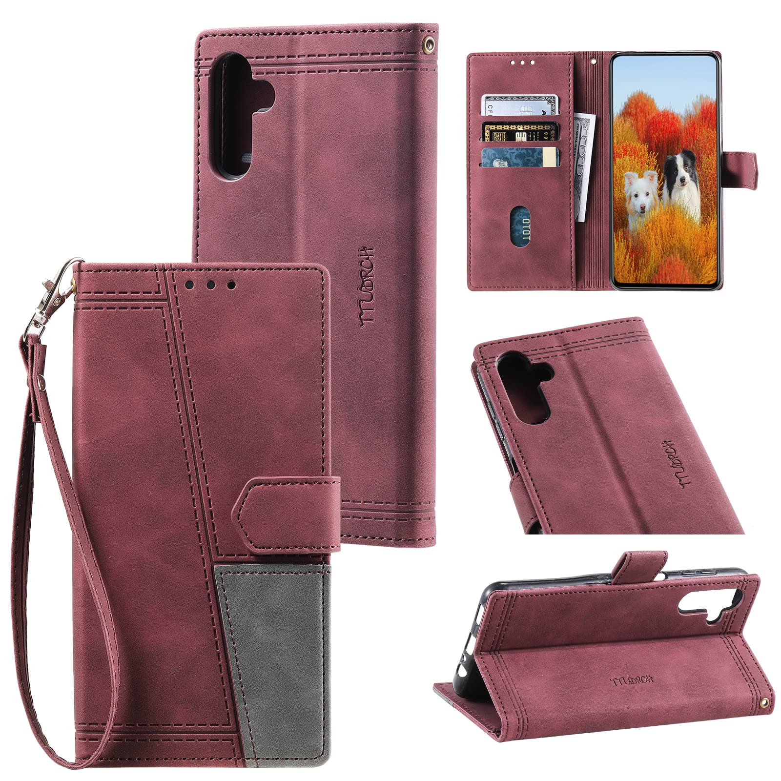 Premium Leather Flip Wallet Case for Samsung Galaxy A13 5G - RFID Blocking Magnetic Folio Cover with Kickstand & Card Holder | Lanyard Included | Wine Red | Perfect for Work, Travel & Daily Use (Men & Women)
