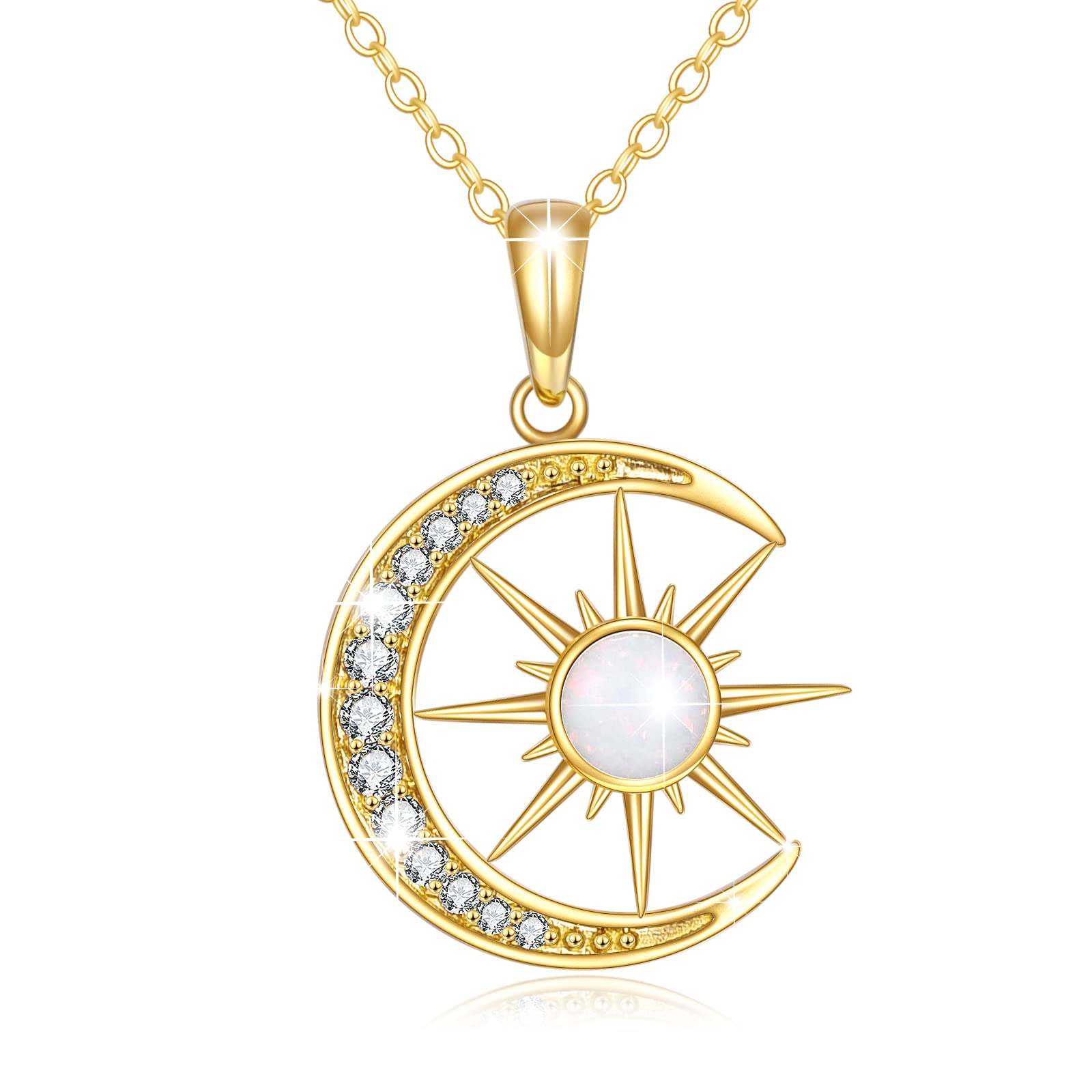 14K Real Yellow Gold Moon and Star Opal Pendant Necklace for Women | Elegant Crescent Moon Jewelry Gift for Wife, Daughter, Girlfriend, Mother | Perfect for Birthdays, Anniversaries, Valentine's Day & Special Occasions