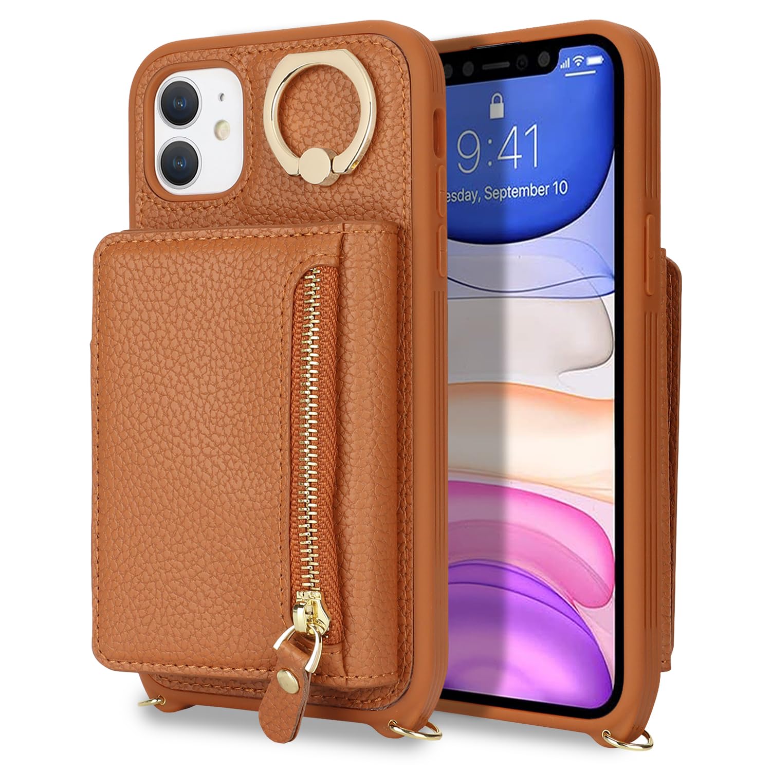 **Premium Leather iPhone 11 Wallet Case with Card Holder, Crossbody Strap & Stand Ring – Zipper Pocket Design for Women (Brown) – Perfect for Travel, Work & Everyday Use**