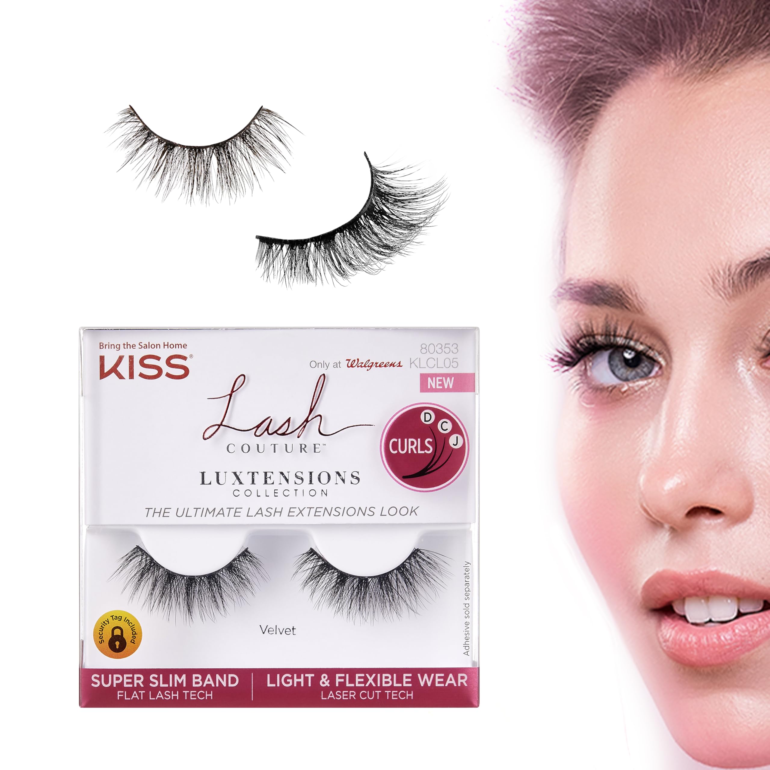 KISS Lash Couture LuXtensions False Eyelashes - Flat Lash Technology, Ultra Thin Band, Natural Extension Fibers | Reusable & Contact Lens Friendly | Style 'Velvet' (1 Pair) - Perfect for Weddings, Parties & Everyday Glam