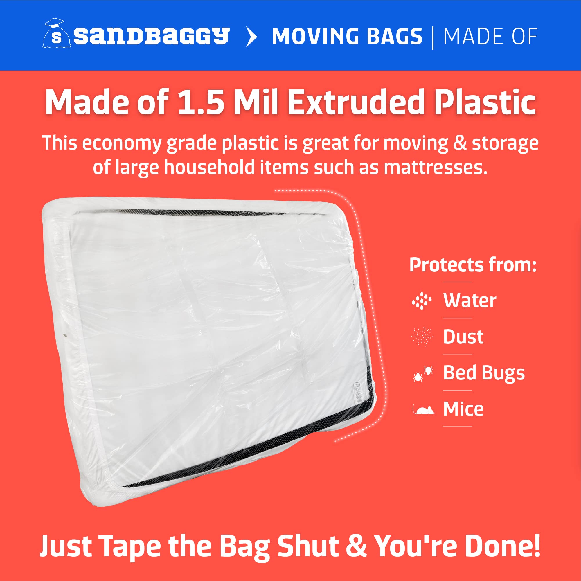 Sandbaggy Heavy-Duty Mattress Storage Bag - Made in USA - Waterproof & UV Resistant (1.5 Mil Thick) - Fits Twin, Twin XL, Full & Queen Beds - Perfect for Moving, Long-Term Storage & Furniture Protection - Clear (25 Pack) - Ideal for Home Moves, College Dorms & Seasonal Storage