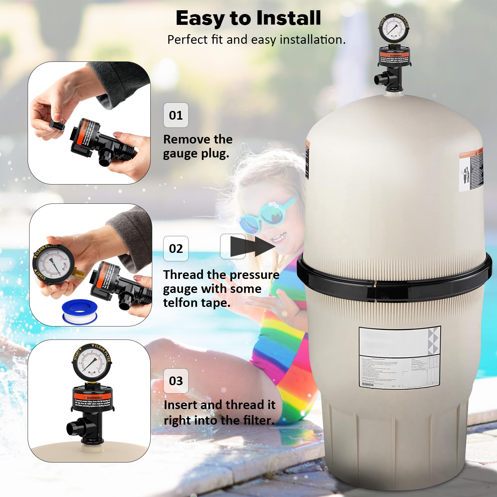 Pool Filter Air Relief Valve with Pressure Gauge - Manual Air Release Valve for Swimming Pool and Spa Filters - Replacement Kit Includes Gauge Plug, O-Rings & Clips - Perfect for Hayward, Pentair & Other Pool Filter Systems - Easy Maintenance & Water Pressure Regulation
