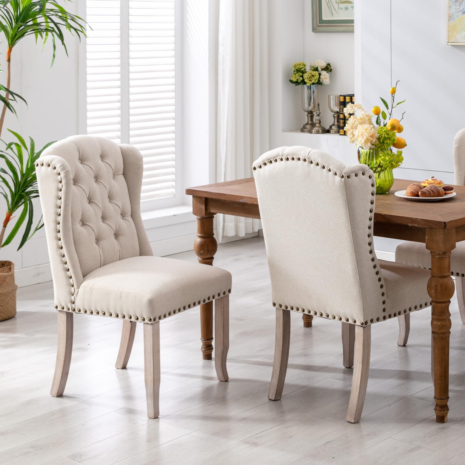 HEAH-YO Modern Dining Chairs Set of 2 - Linen Upholstered Tufted Chairs with Nailhead Trim & Wood Legs, Armless Guest Chairs for Dining Room, Living Room, Kitchen - Beige | Perfect for Home Decor, Entertaining Guests, and Everyday Comfort