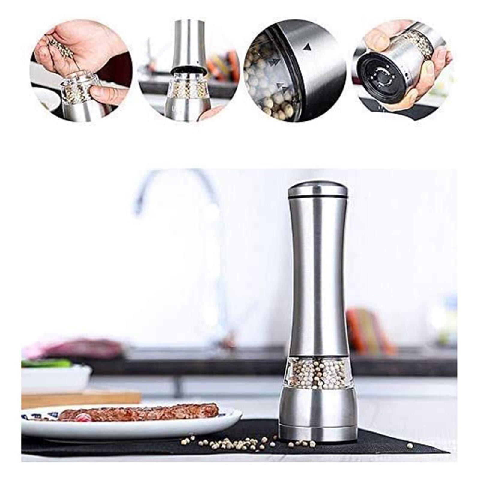 Premium Stainless Steel Salt and Pepper Grinders Set - Adjustable Coarseness, Refillable Glass Bottle for Sea Salt, Peppercorn & Black Pepper - Ideal for Home Kitchen, BBQ, Dining Table & Party Gifts
