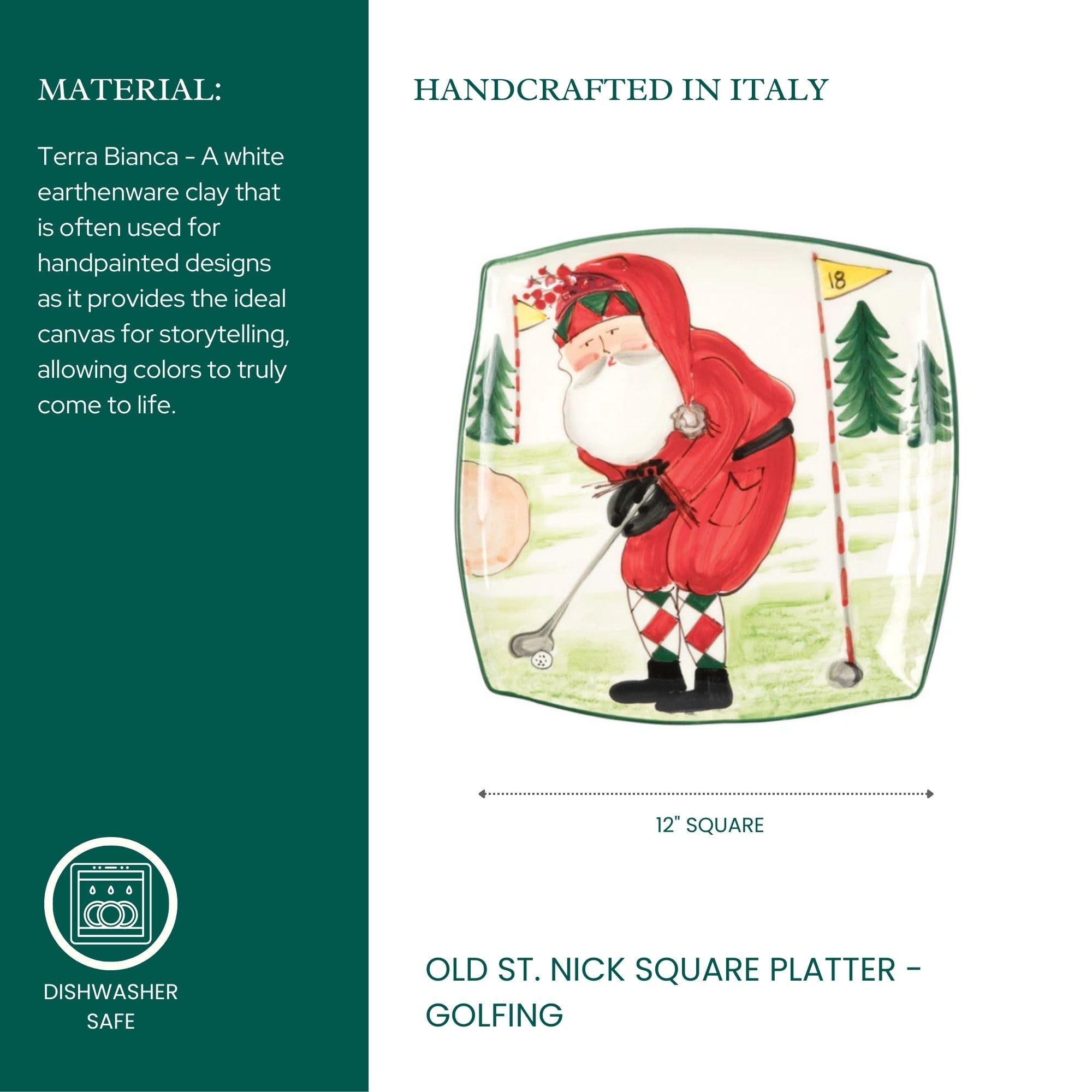 Vietri Old St. Nick MultiColor 12-inch Square Earthenware Platter - Perfect for Serving Steak, Salad, Desserts & Snacks | Elegant Dinnerware for Holiday Entertaining & Golf-Themed Parties