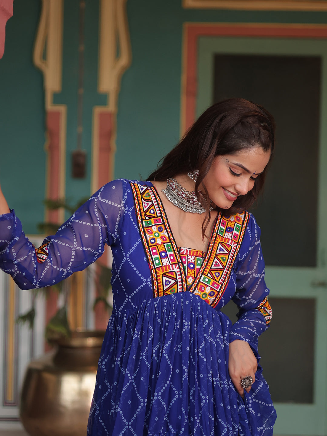 Blue Faux Georgette Elegant Long Gown with Bandhani Printed Kutchi Patch Work - Perfect for Weddings, Parties & Special Occasions