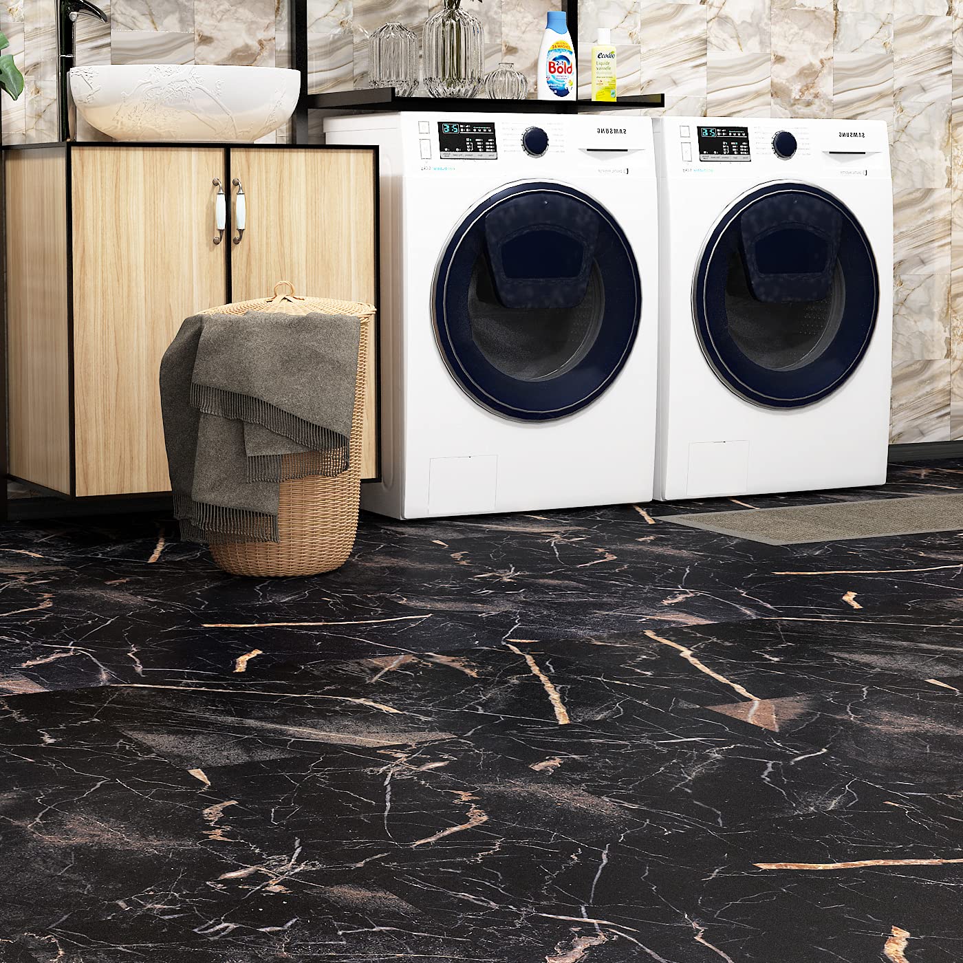 Black Marble Peel and Stick Vinyl Floor Tiles - 12