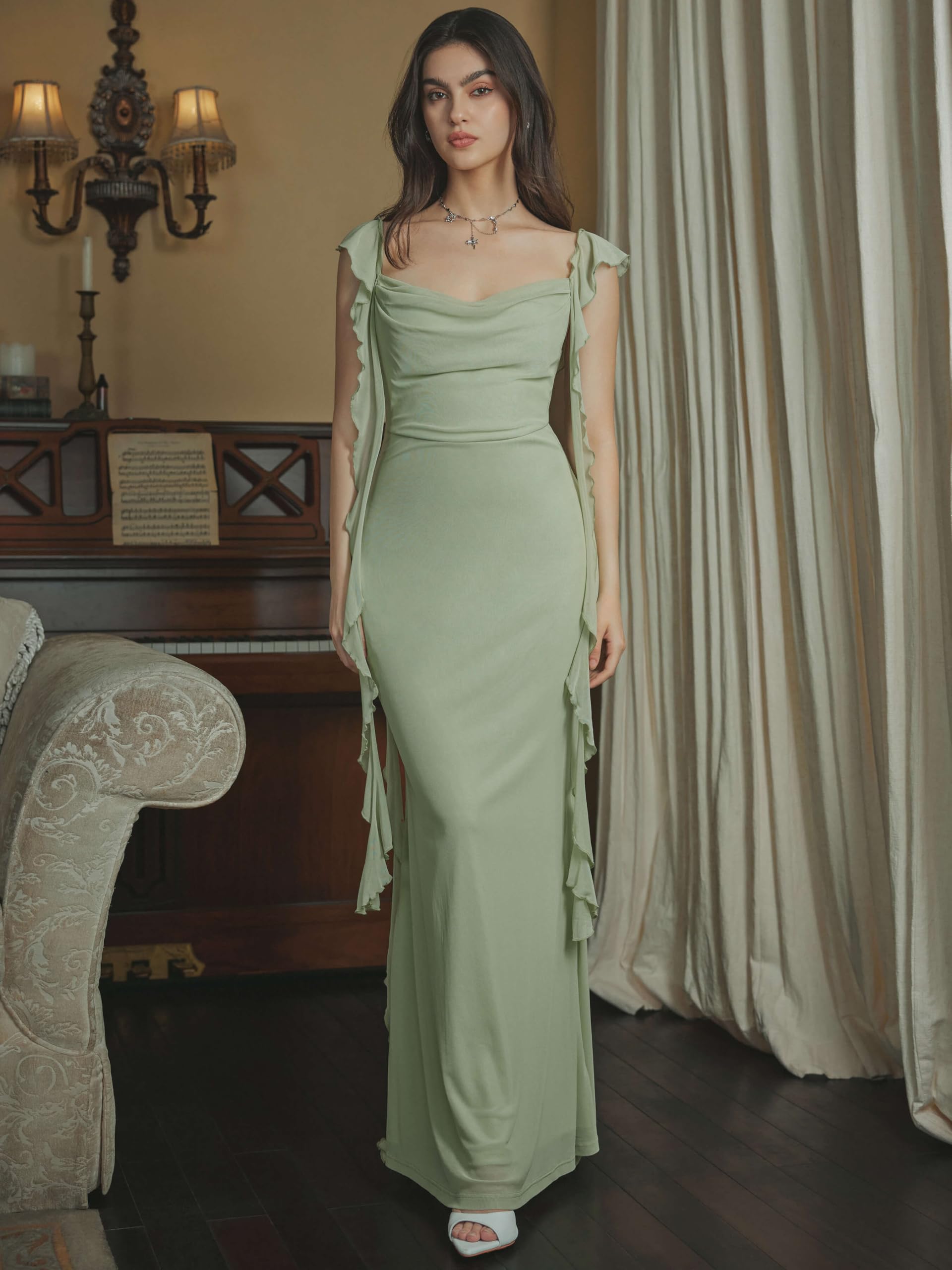 Elegant Women's Formal Maxi Dress - Sleeveless Mesh Ruffle Cocktail Bodycon Dress for Wedding Guest, Party & Summer Events | Perfect for Evening Galas, Cocktail Parties & Special Occasions