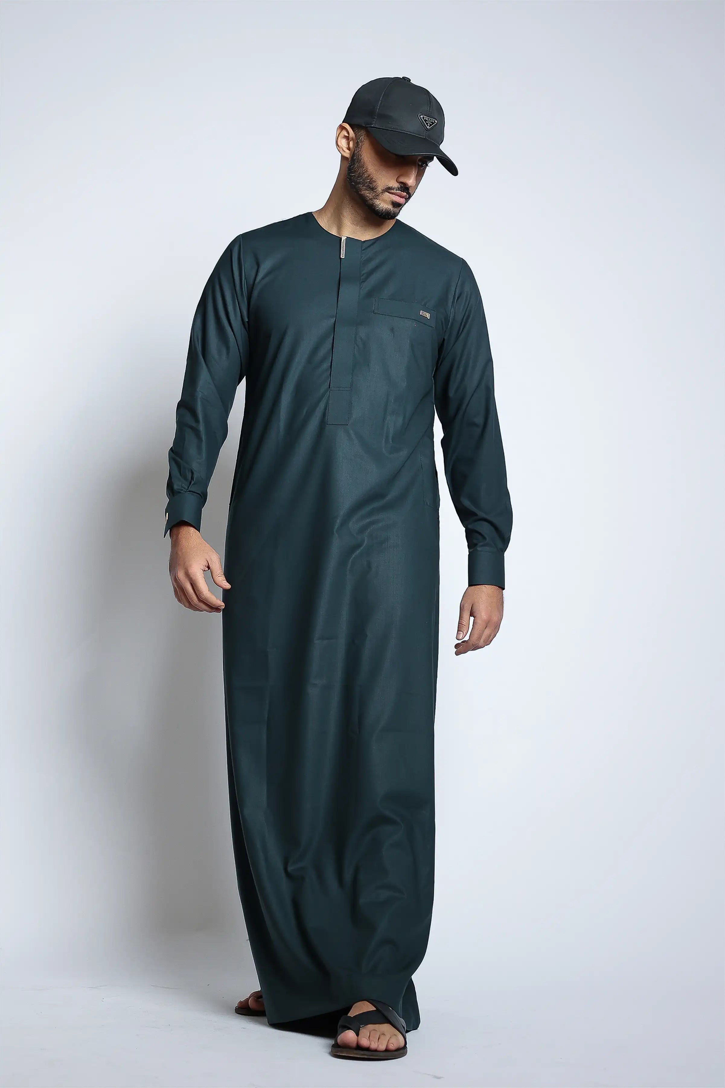 J108 Kids Thobe with Bottle Green Buckle - Traditional Arabic Dress for Boys & Girls - Perfect for Eid, Weddings & Special Occasions