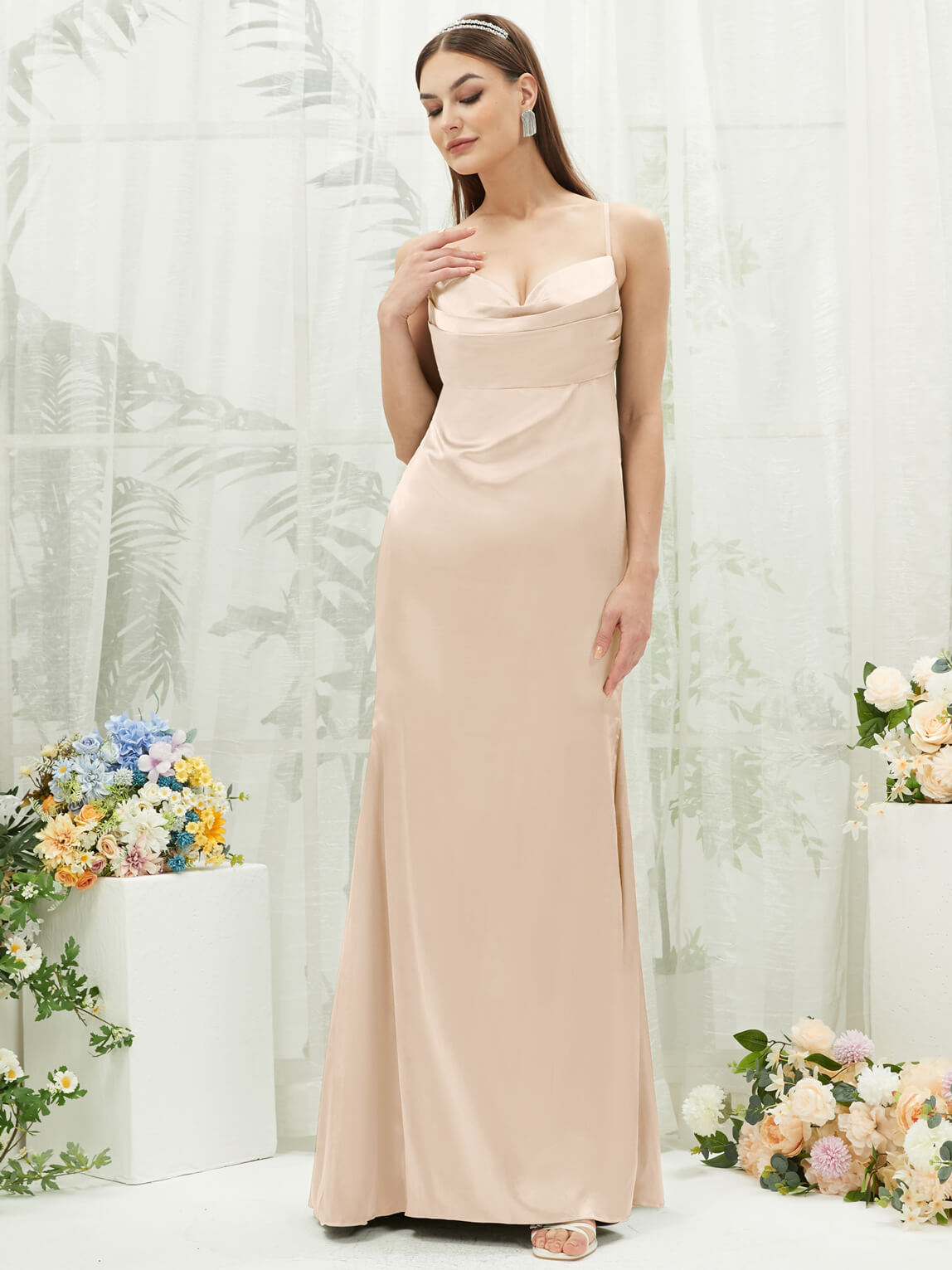 Elegant Champagne Satin Cowl Neck Backless Long Bridesmaid Dress with Adjustable Straps - Perfect for Weddings, Formal Events & Evening Parties