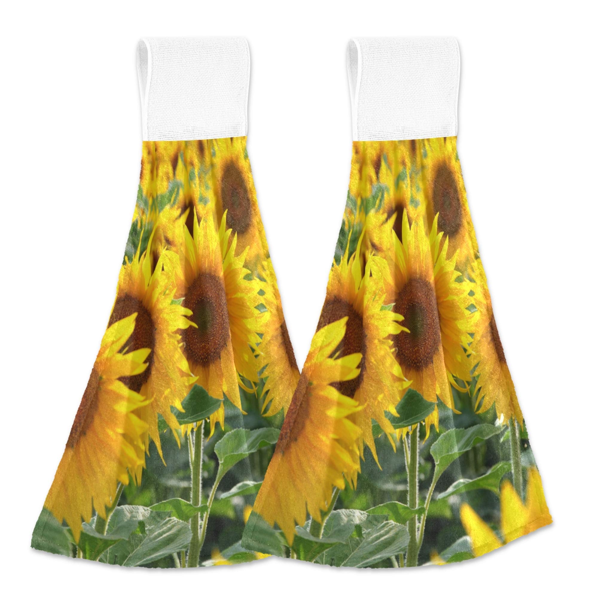 YYZZH Sunflower Floral Kitchen Hand Towels Set of 2 - Absorbent Cotton Hanging Towels with Hook & Loop for Bathroom, Kitchen, Dorm - Farmhouse Decor & Housewarming Gift