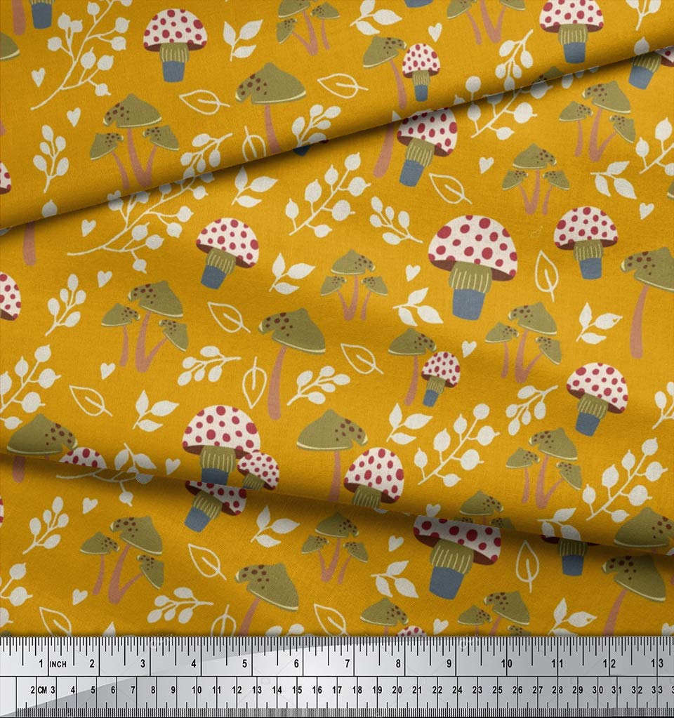 Soimoi Viscose Chiffon Fabric - Gold Leaves & Mushroom Botanical Print - 42