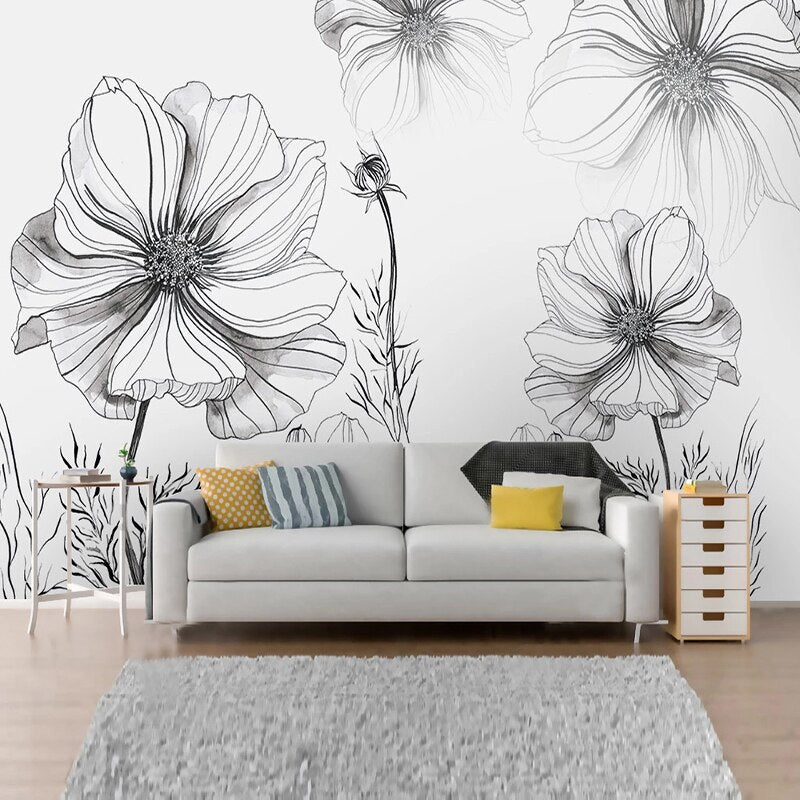 Sketch Flower Wallpaper Mural - Unique Hand-Drawn Floral Design for Living Room, Bedroom & Office Decor | Peel & Stick Removable Wall Art