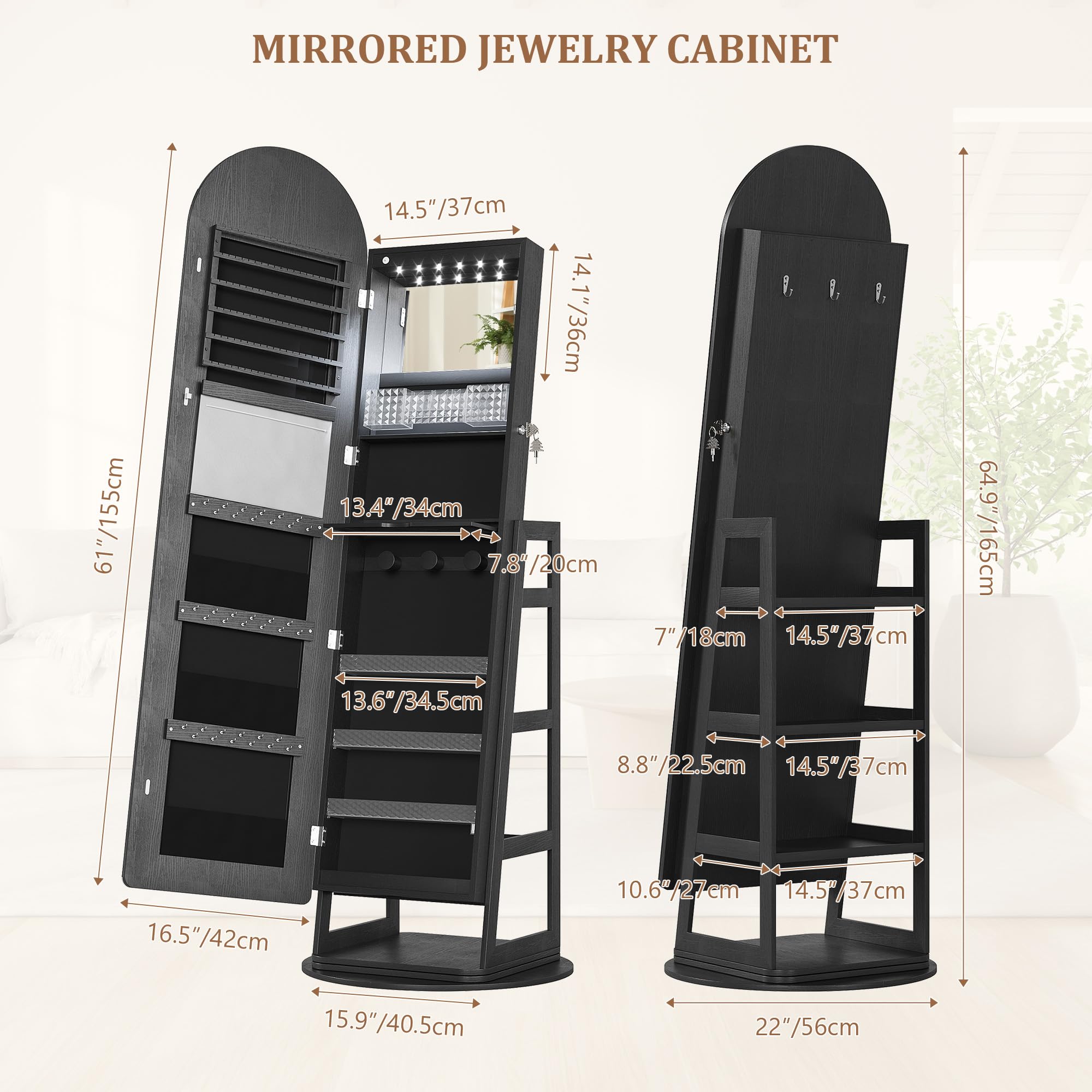 LVSOMT LED Mirror Jewelry Cabinet - Lockable Standing Jewelry Armoire with Full-Length Mirror & Adjustable Lights, Space-Saving Organizer for Bedroom, Closet or Dressing Room (Black)