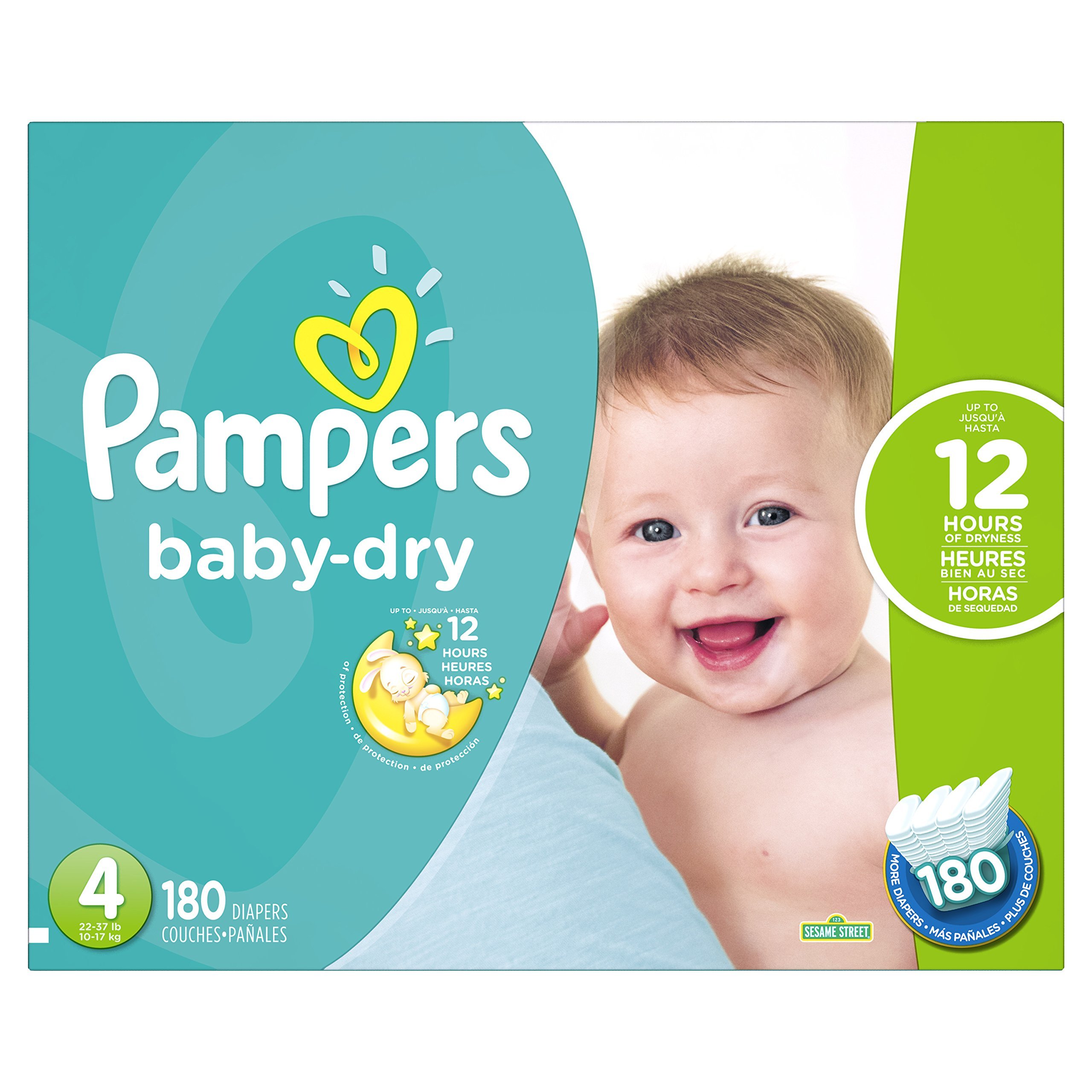 Pampers Baby Dry Diapers Size 4 (180 Count) - Ultra Absorbent Overnight Protection for Active Babies - Perfect for Nighttime & Daycare Use