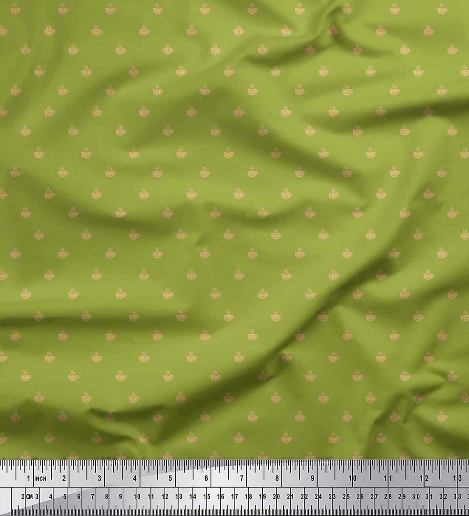 Soimoi 100% Cotton Cambric Fabric - 42 Inch Wide Green Tea Cup Printed Fabric by The Yard - Perfect for DIY Clothing, Home Decor, and Tea-Themed Crafts