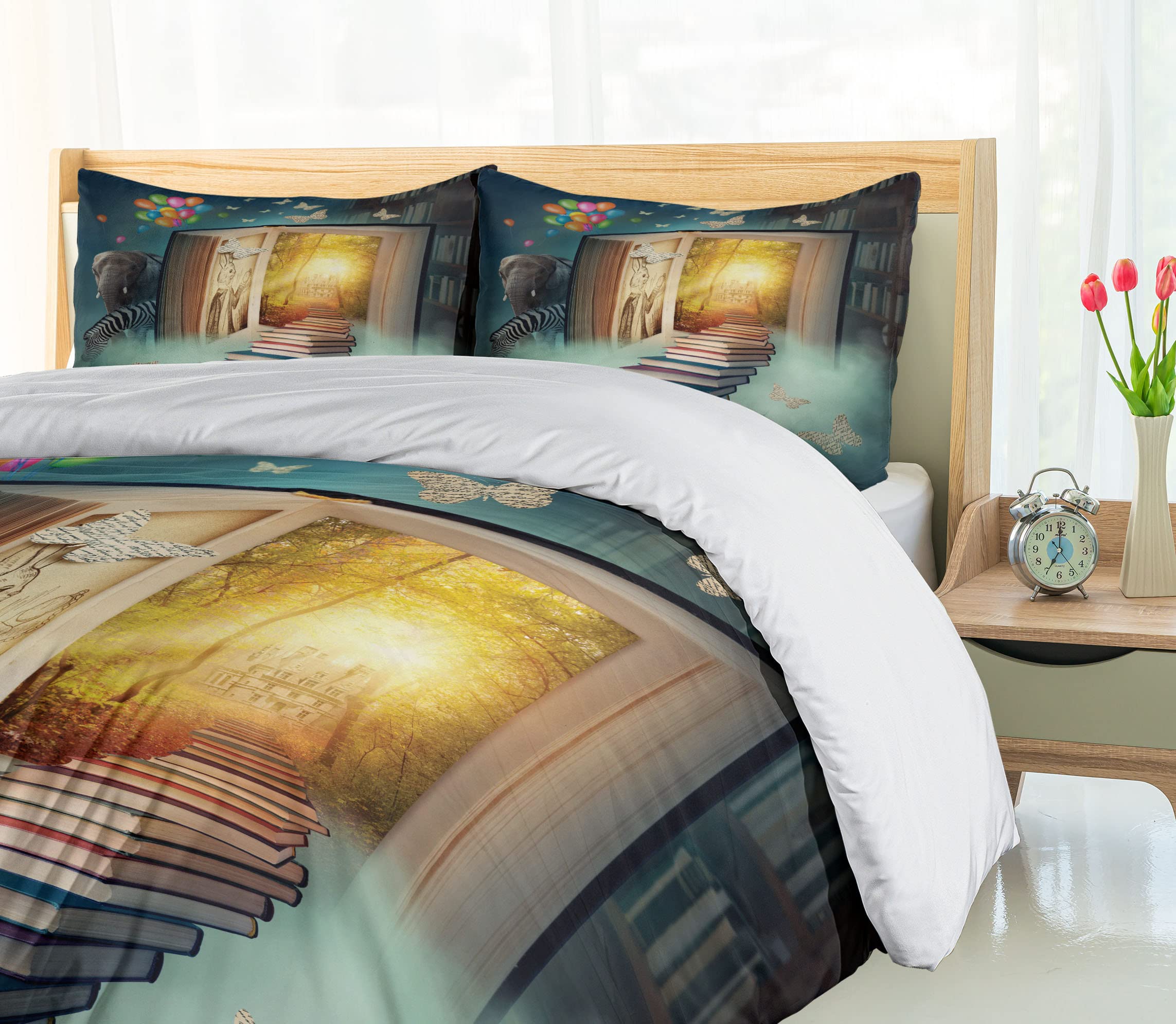 Ambesonne Fantasy Duvet Cover Set - Magic Book Forest with Balloon, Zebra, Elephant & Butterflies | 3-Piece California King Bedding Set in Teal & Yellow | Perfect for Kids' Rooms, Nursery Decor & Whimsical Bedroom Themes