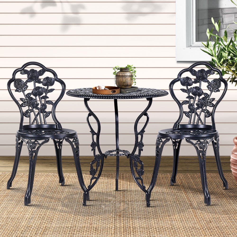 3-Piece Outdoor Bistro Set with Cast Aluminum Table and Chairs in Rose Black - Perfect for Patio, Garden, and Backyard Dining