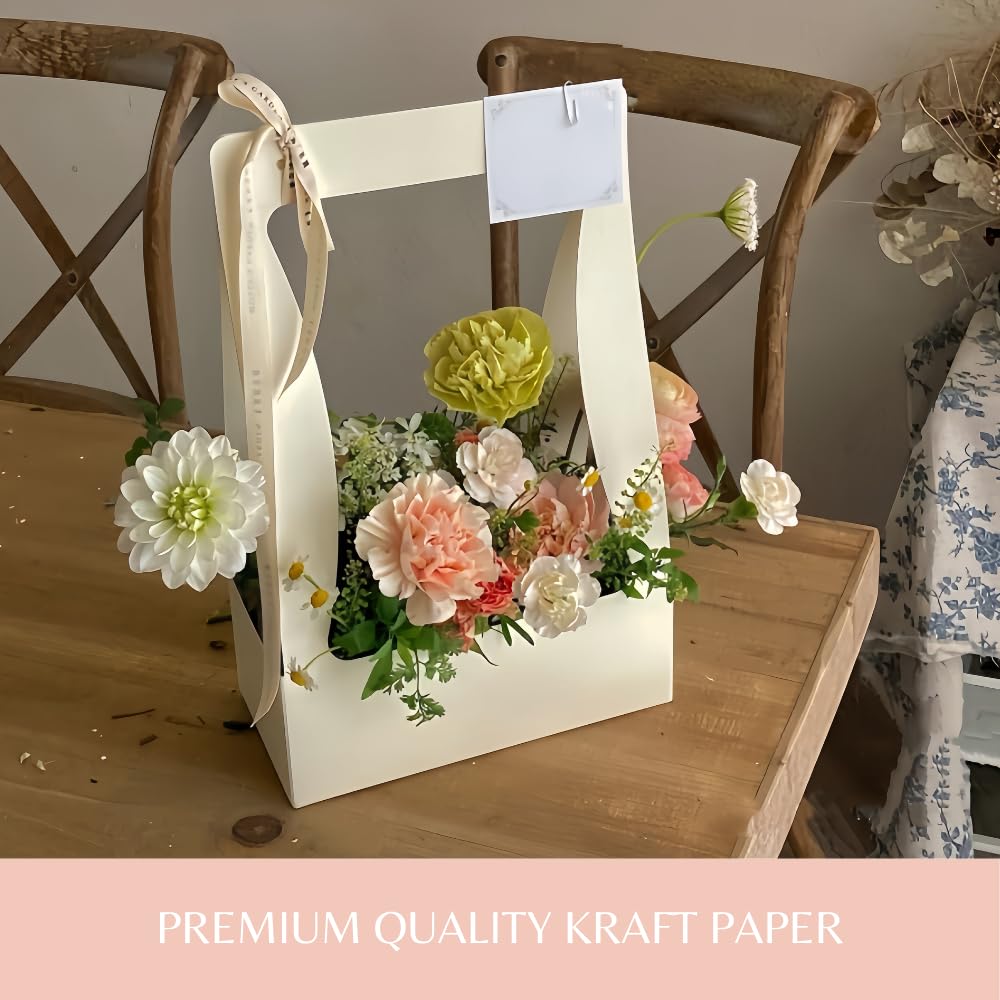 Florist Gift Bags with Handles - 5 Pcs Gray Craft Paper Bouquet Packaging for Weddings & Gifts
