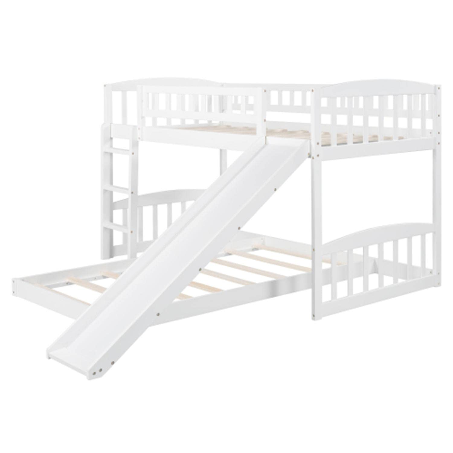White Twin Over Twin Bunk Bed Frame with Slide & Ladder - Sturdy Safety Guardrail for Kids, Boys & Girls - Perfect for Shared Bedrooms, Sleepovers & Space-Saving Kids' Rooms