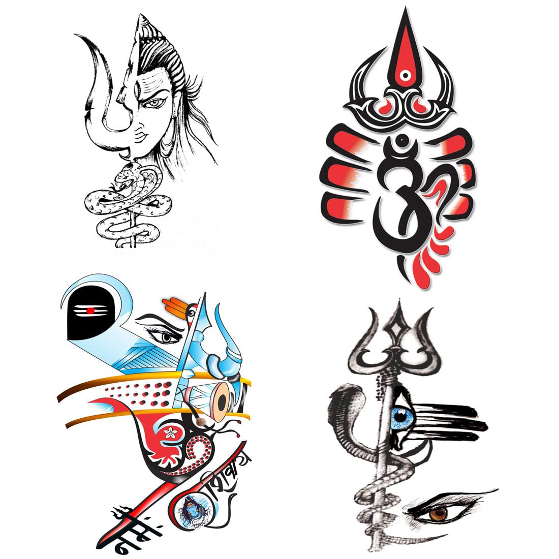 Om Trishul with Lord Shiva Temporary Tattoo Stickers - Pack of 4 Waterproof Body Art for Men & Women (2x4 Inch) - Perfect for Festivals, Yoga, Spiritual Events & Self-Expression