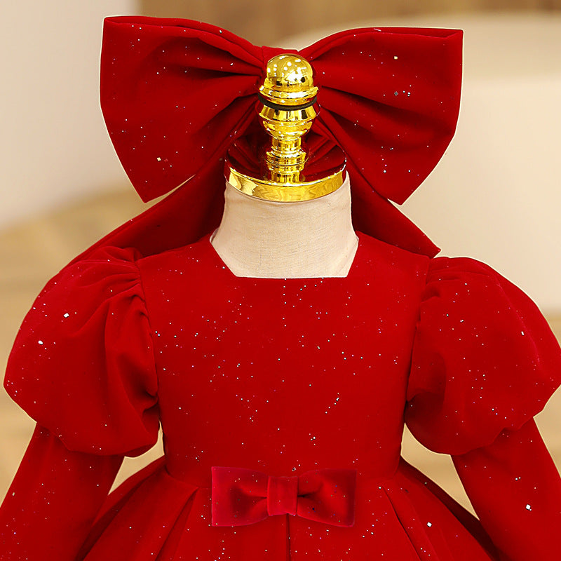 Burgundy A-Line Flower Girl Dress with Square Neck & Puff Sleeves - Perfect for Weddings, Baptisms & Special Occasions