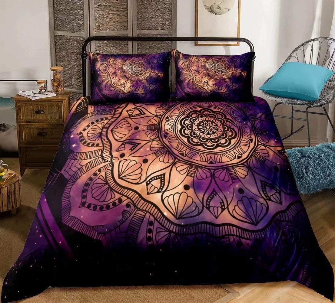 Bohemian Comforter Set - Purple Boho Chic Mandala Hippie Indian Galaxy Medallion Ethnic Floral Printed Bedding | Super Soft Microfiber Quilt Set with Pillowcase (Full, 3pc) | Perfect for Bohemian Bedroom Decor, Guest Room & Dorm Room Styling