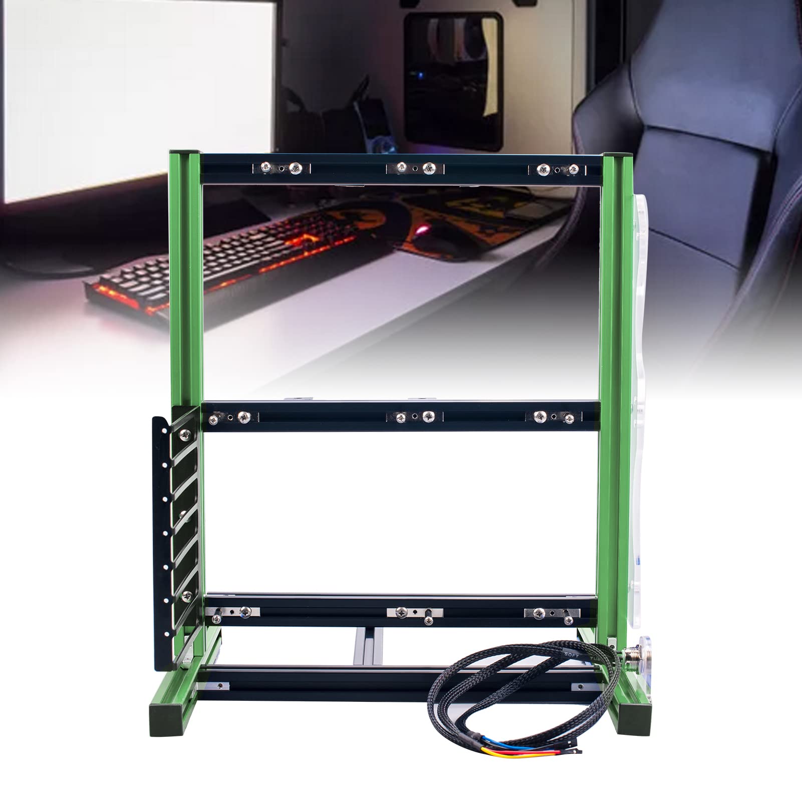 Bewinner Mini ITX MATX ATX PC Aluminum Open Air Frame Case - Overclock Chassis for DIY Computer Builds, Supports Graphics Card & Mod Base Stand (Green Black) - Perfect for Gaming Rigs & Custom PC Setups