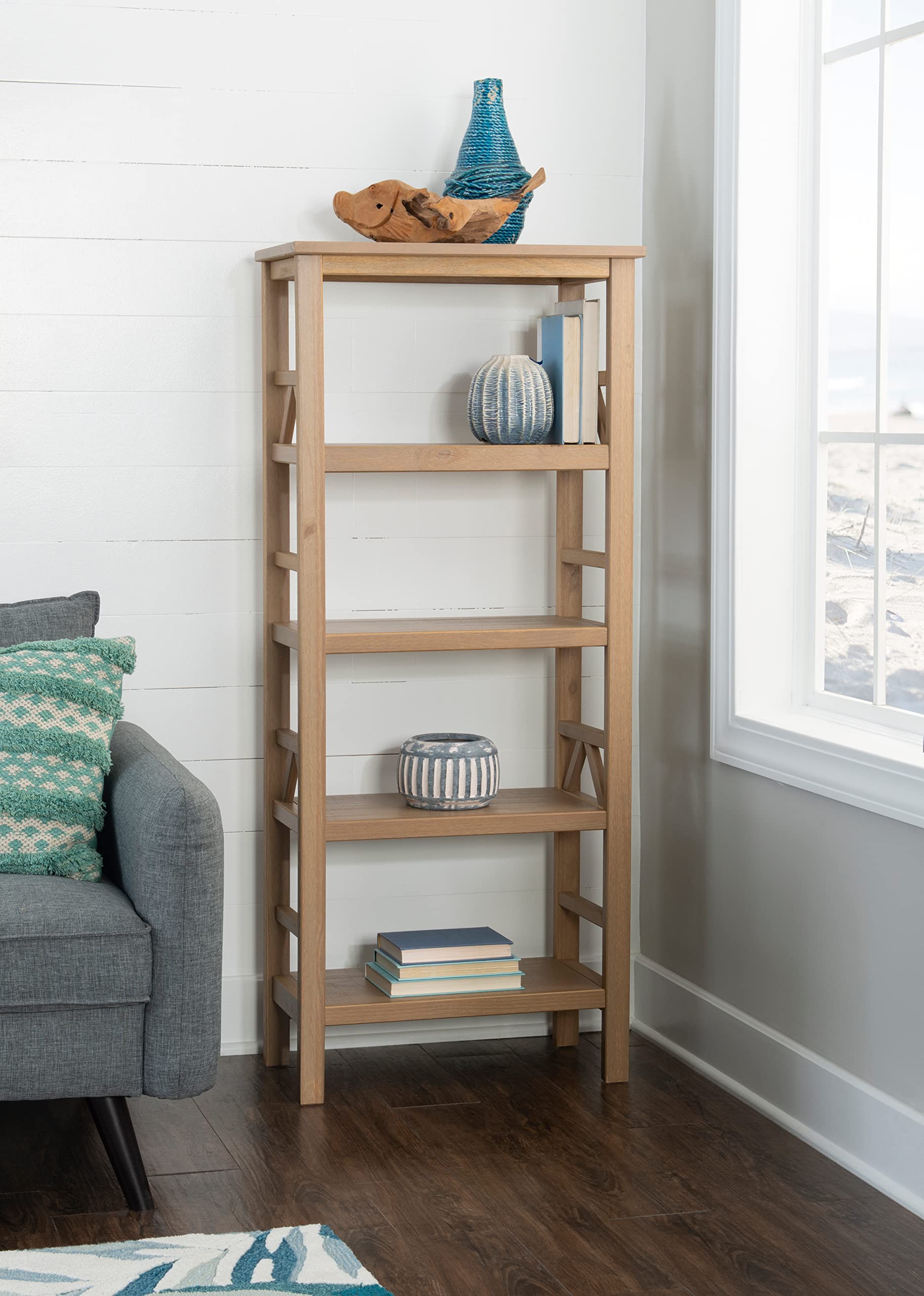 Linon Titian Driftwood Bookcase - 5 Shelf Wooden Book Storage Organizer for Living Room, Bedroom & Office - Rustic Home Decor Furniture for Books, Photos & Display Items