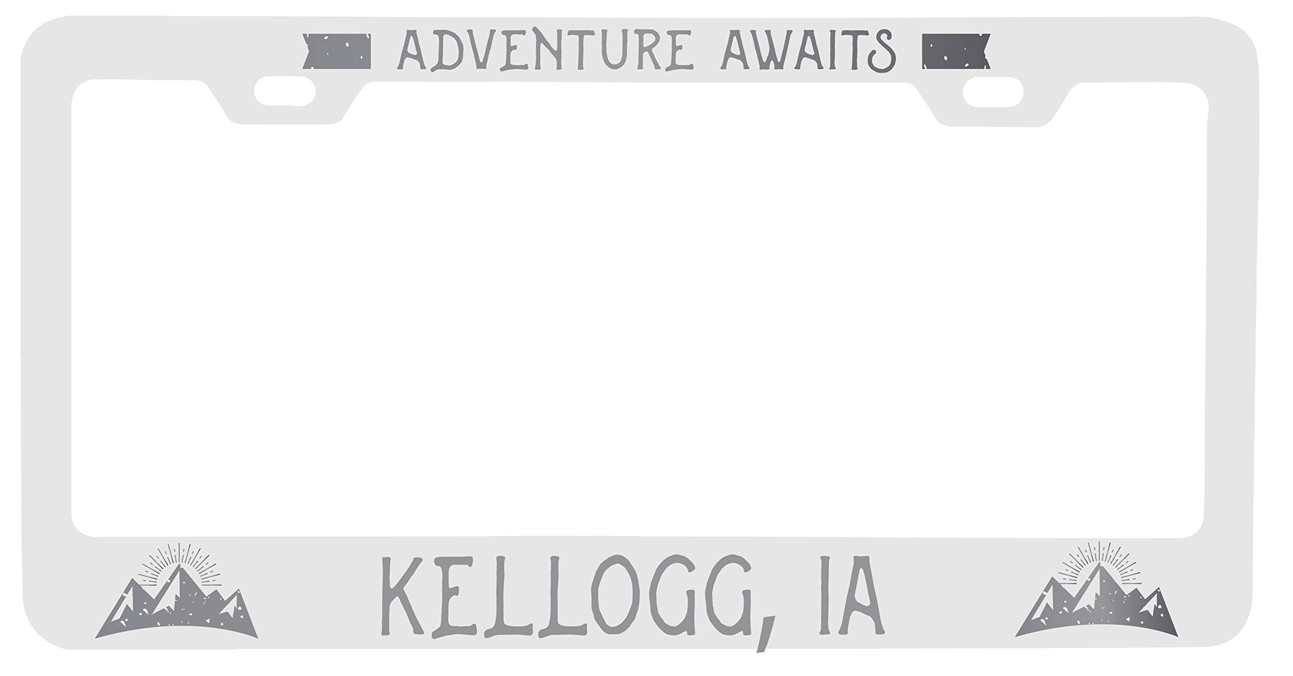 Kellogg Iowa Laser Engraved Metal License Plate Frame - 'Adventures Awaits' Custom Design for Cars & Trucks - Perfect for Road Trips & Travel Gifts