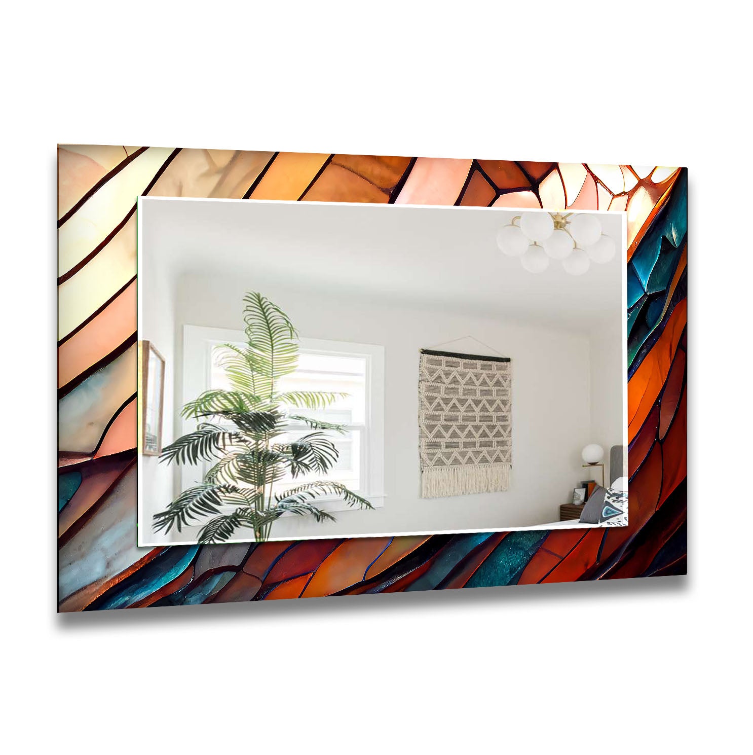 Amber Flame Glass Wall Mirror with Abstract Stained Frame - Elegant Home Decor for Living Room, Bedroom & Entryway