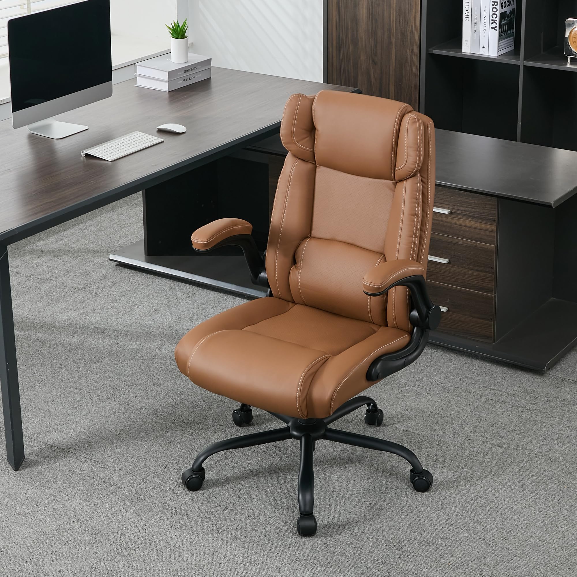 Premium Ergonomic Office Desk Chair - Mid Back Executive Leather Chair with Adjustable Flip-Up Arms & Rocking Function - Comfortable Computer Chair for Home Office, Gaming & Workspaces (Brown)