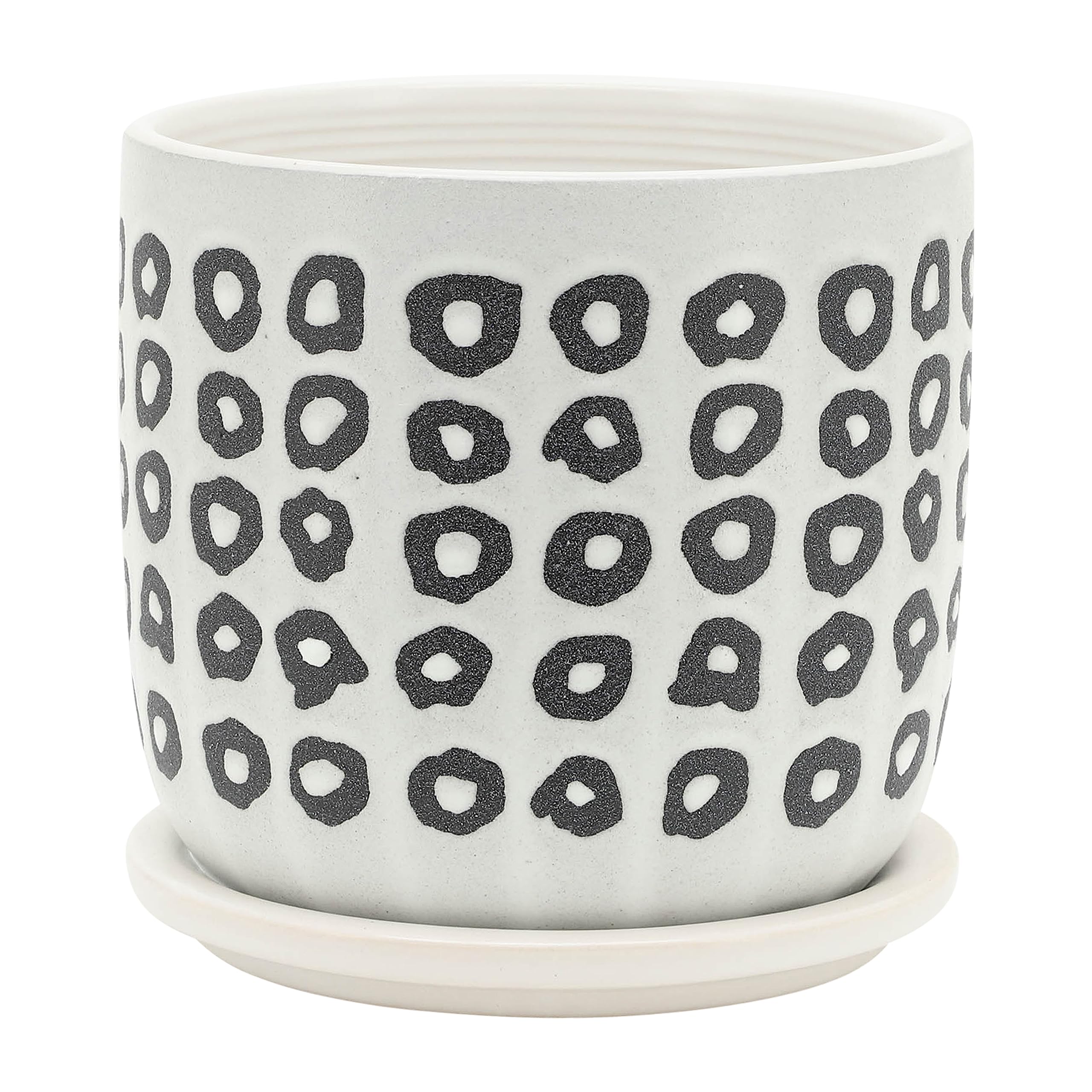 Set of 2 Modern Aztec Design Ceramic Plant Pots with Matching Saucers - White & Black Indoor Outdoor Flower Planters for Succulents, Herbs, Home & Garden Decor